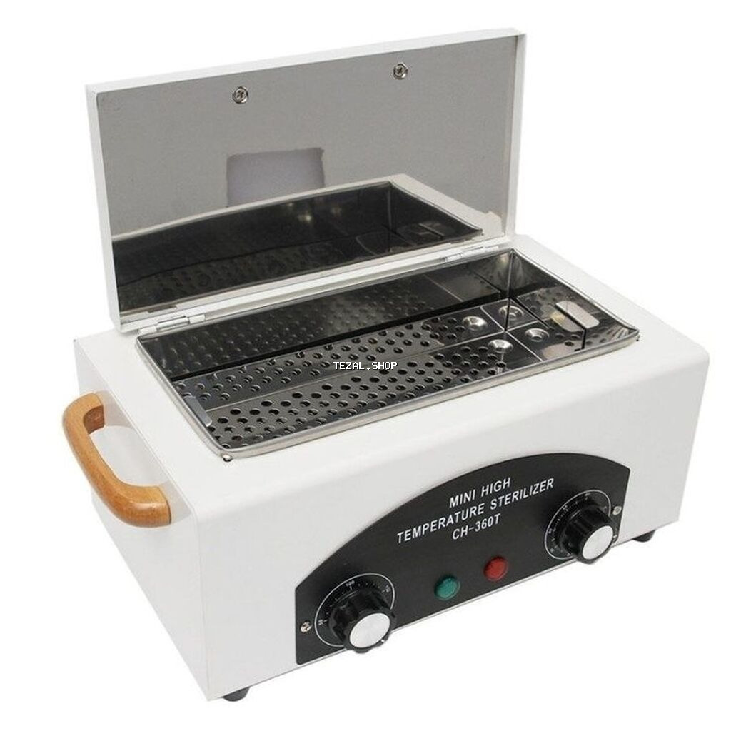 Ağ rəngli yüksək temperaturlu sterilizator, metal gövdəli və taxta