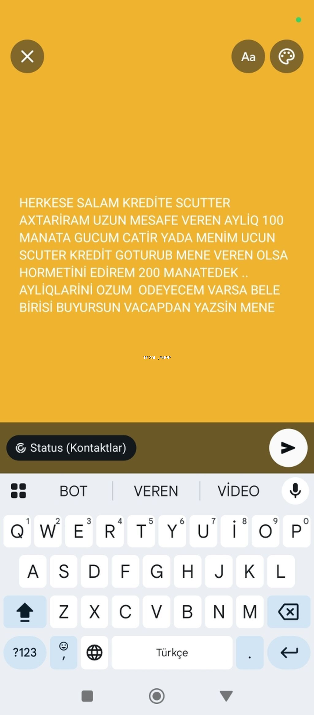 Her kese salam Kredite scuter Axtariram ayliqi 100 manata gucum yetir