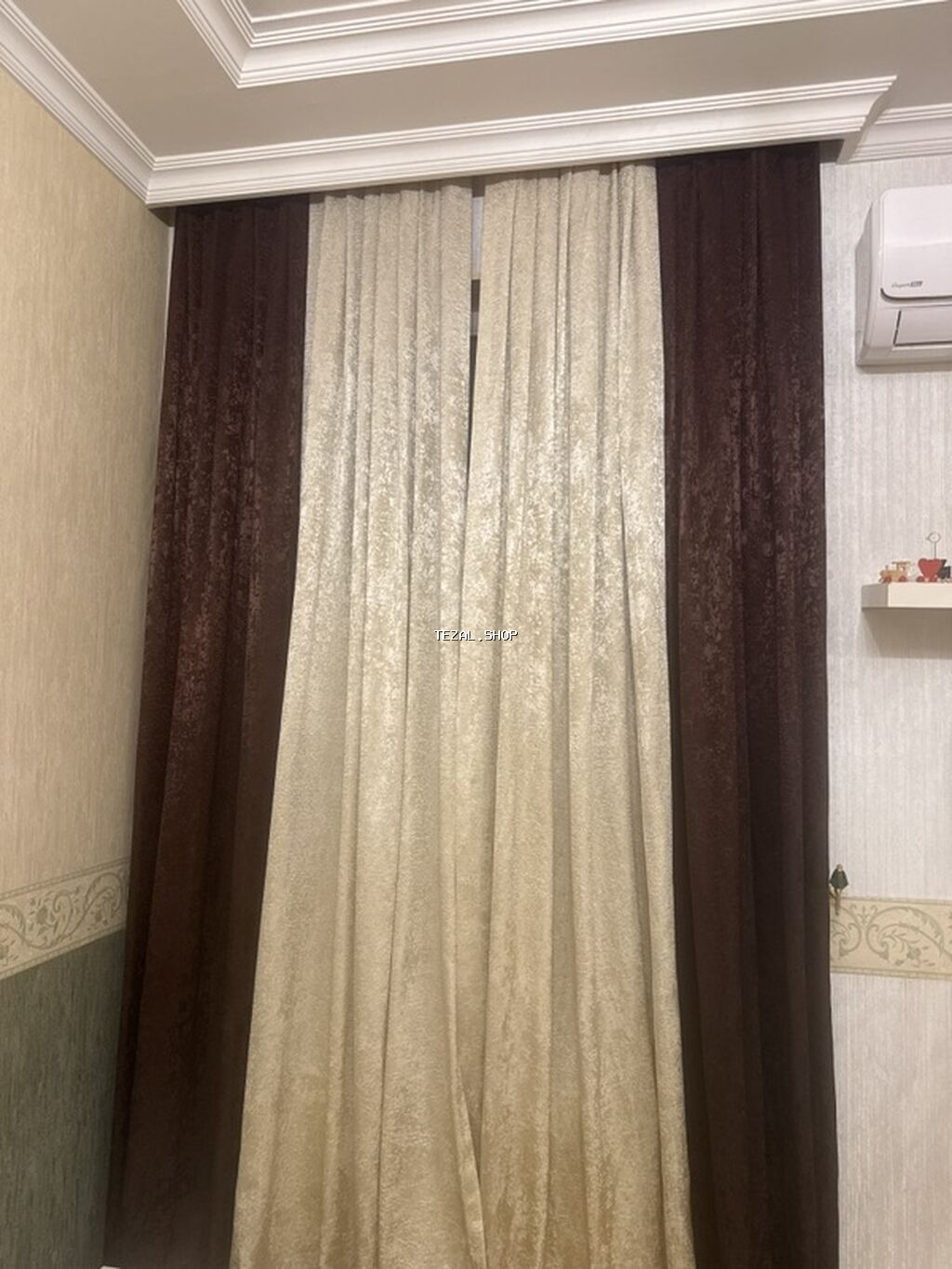 İkirəng pərdə dəsti - Model: İkili kombin – krem rəngli əsas pərdə