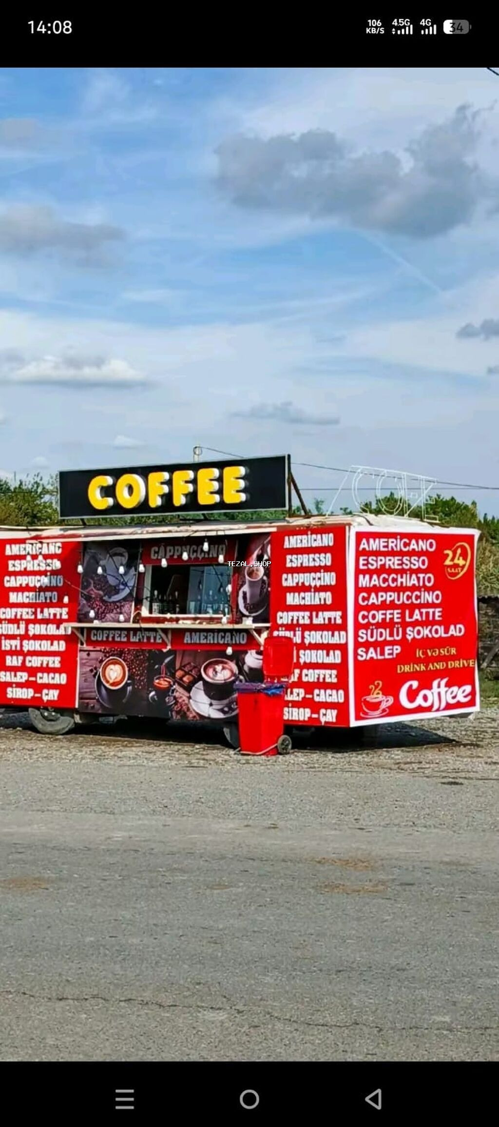 Kofe treyleri – tam avadanlıqlı mobil kofe köşkü Xidmət və menyu: -