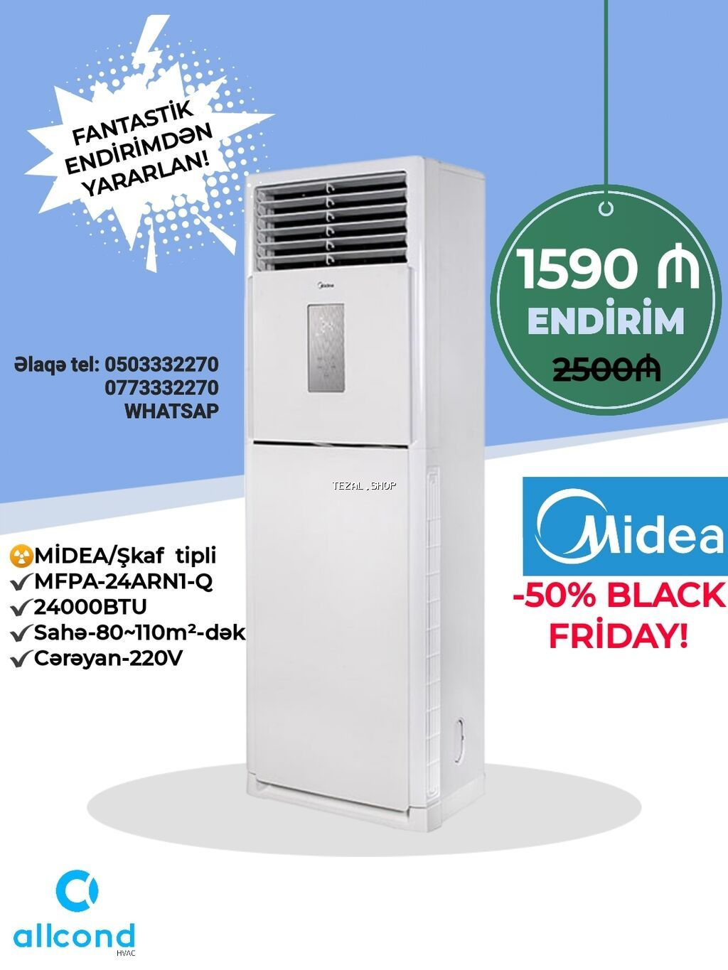 Kondisioner Midea, Yeni, 100-dən çox kv. m, Split sistem, Kredit var, Ödənişli quraşdırma