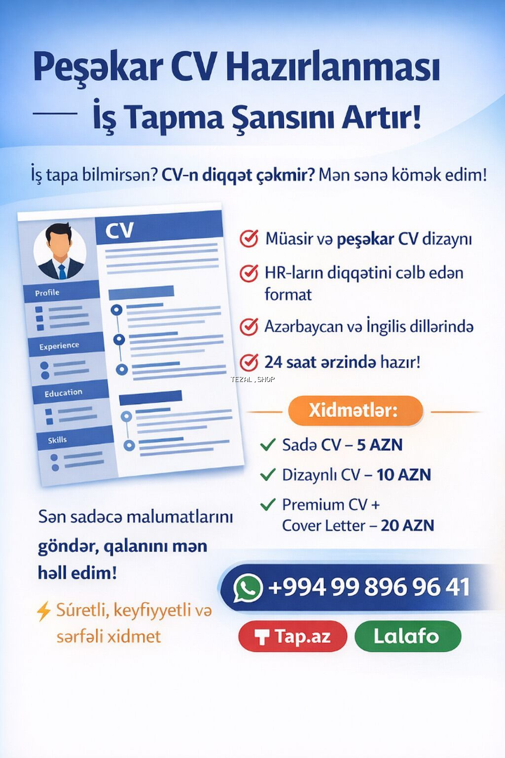 İş tapa bilmirsən? CV-n diqqət çəkmir? Mən sənə kömək edim! ✅ 🎯
