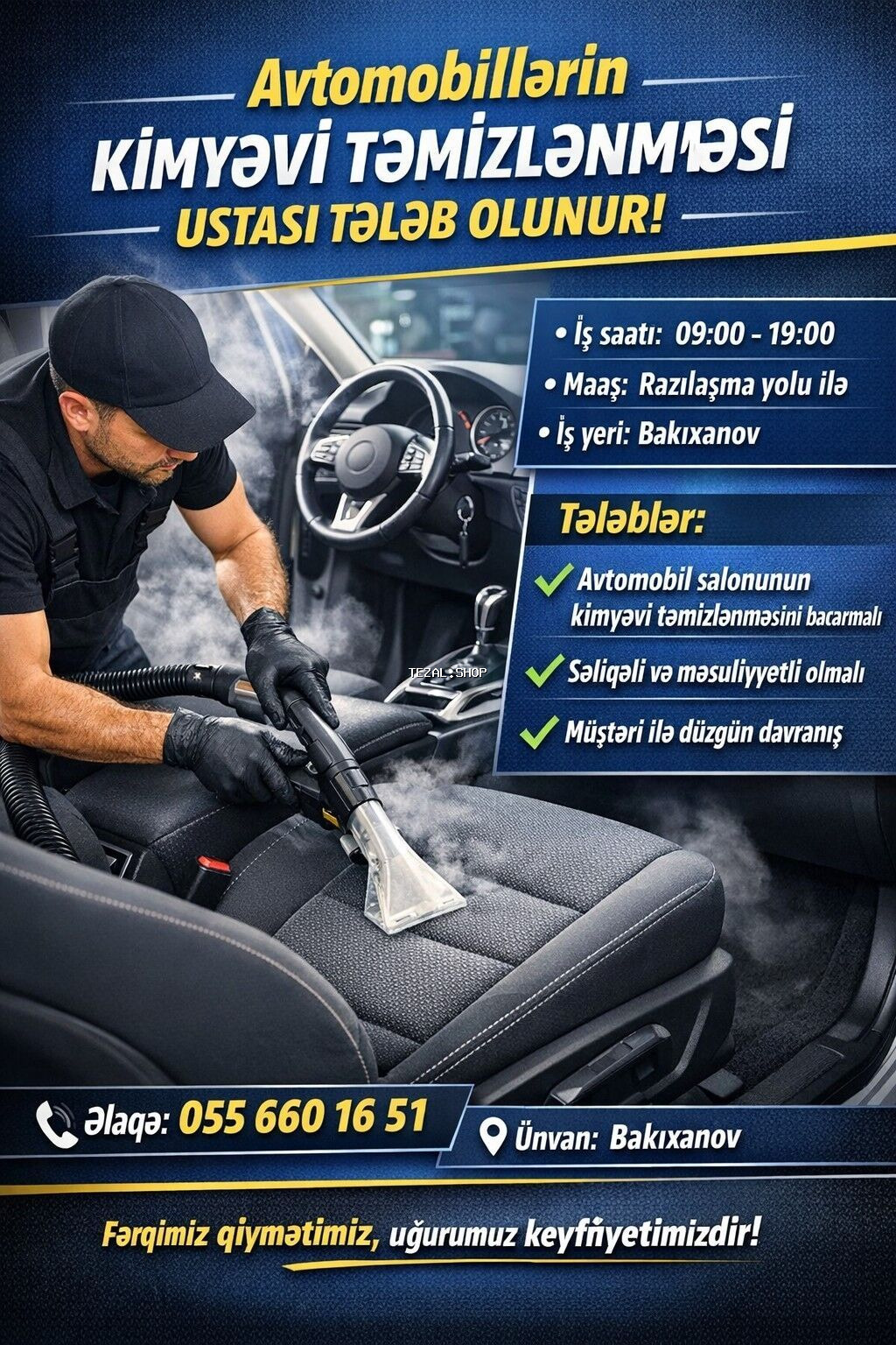 Avtomobillərin kimyəvi təmizlənməsi üzrə usta axtarılır. İş məzmunu