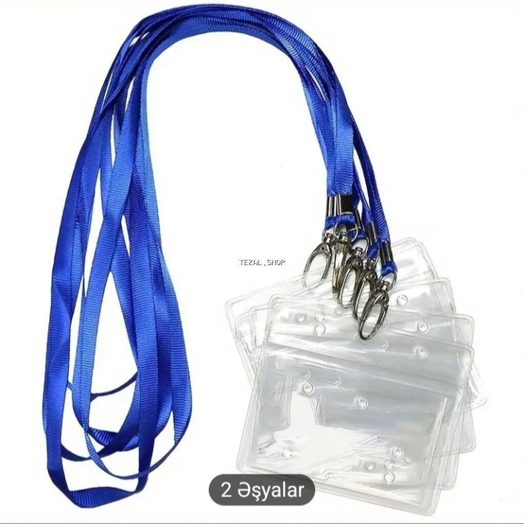 Mavi rəngli, ipək lentdən hazırlanmış boyunbağı ilə plastik şəxsiyyət