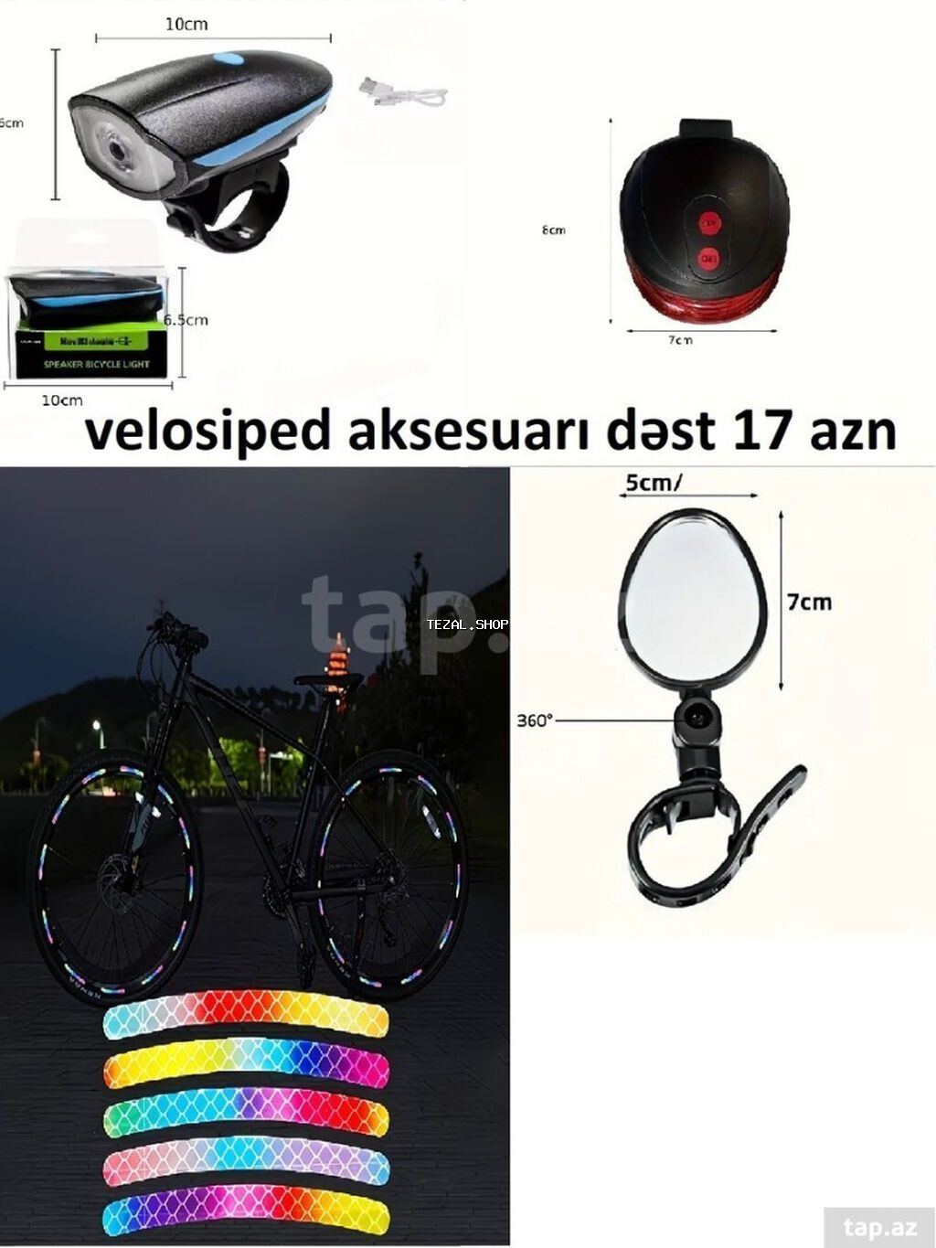 Velosiped aksessuarları dəsti. Ön işıq: USB-lə yüklənən, səs siqnalı