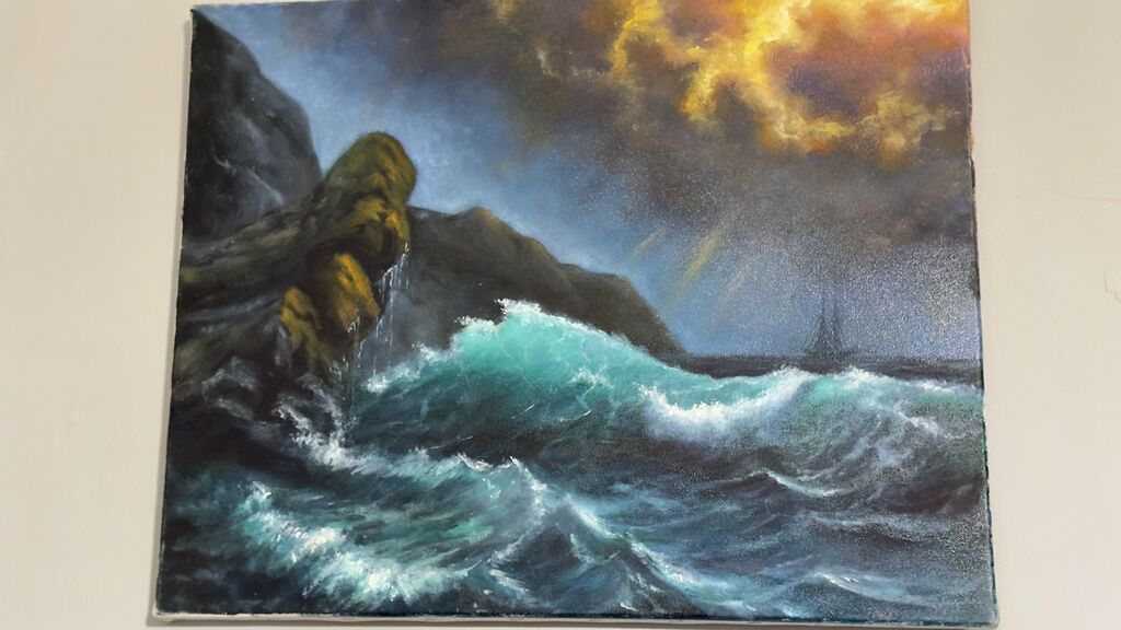 Dəniz mənzərələri mövzusunda əl işi yağlı boya tablolar dəsti. -