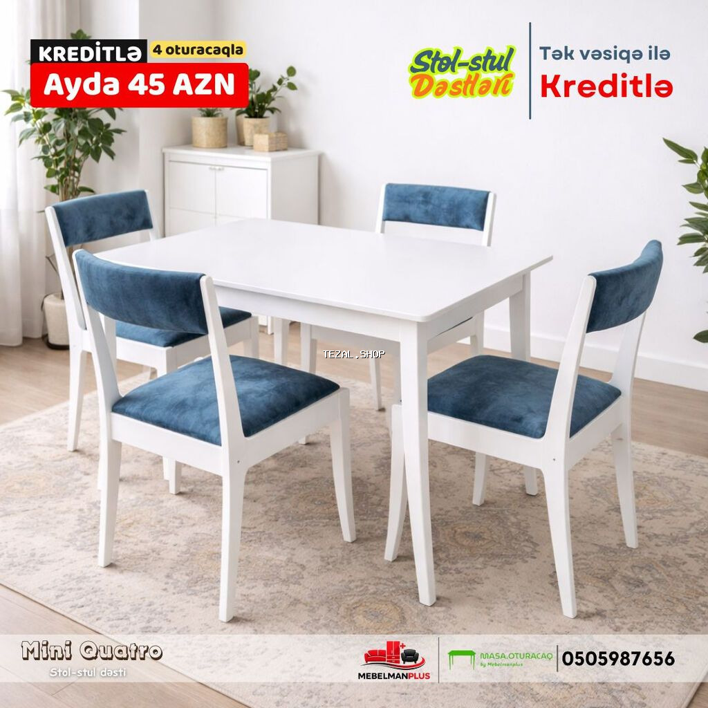 Mətbəx üçün, Yeni, Açılmayan, Dördbucaq masa, 4 stul