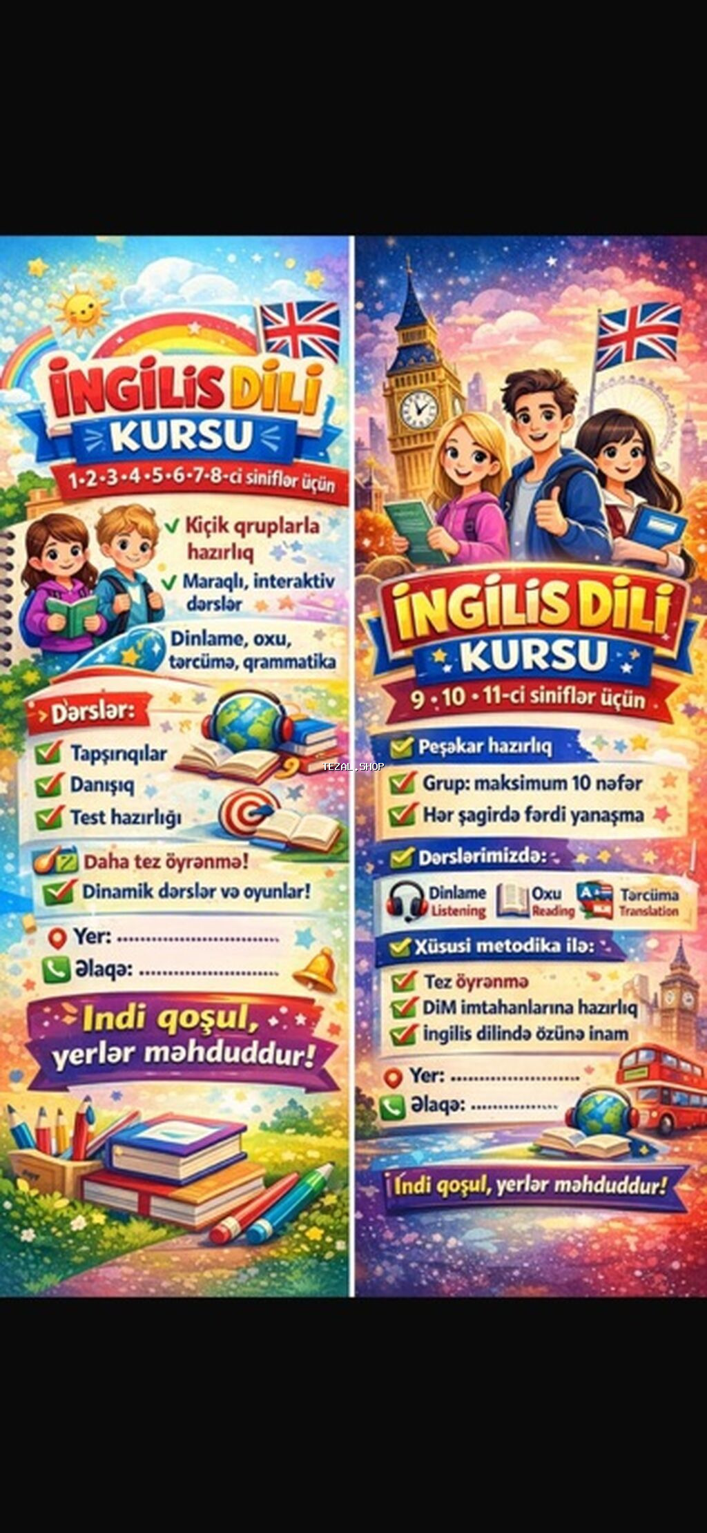 Xarici dil kursu, İngilis dili, Uşaqlar üçün, Abituriyentlər üçün