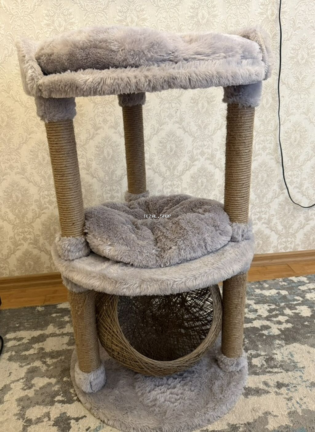 Pişik üçün 3 mərtəbəlu oyun və yuva - Rəng: boz (yumşaq, tüklü parça