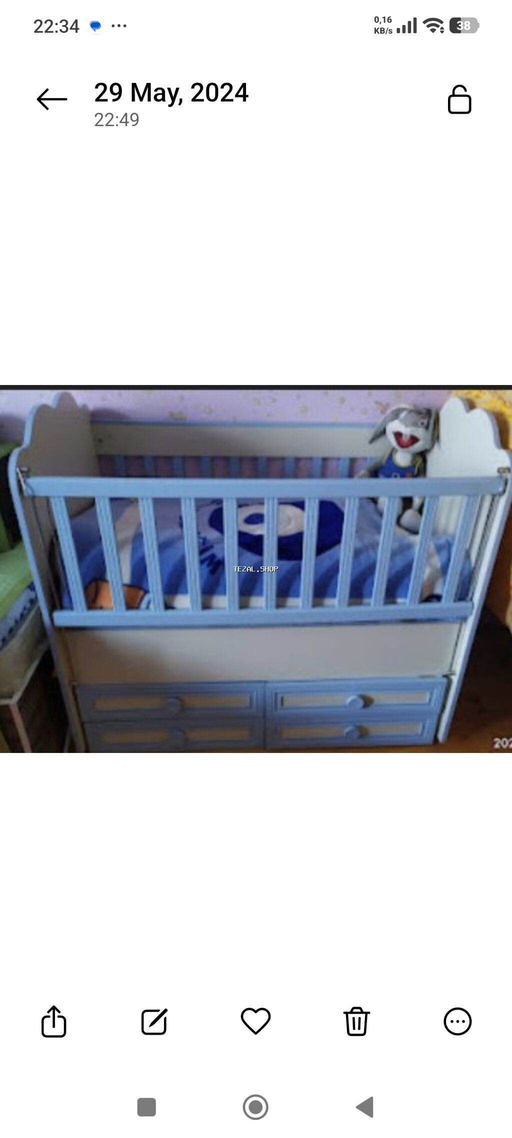 Uşaq mebeli və yataq otağı dəsti 1) Beşik: - Rəng: açıq mavi-ağ -