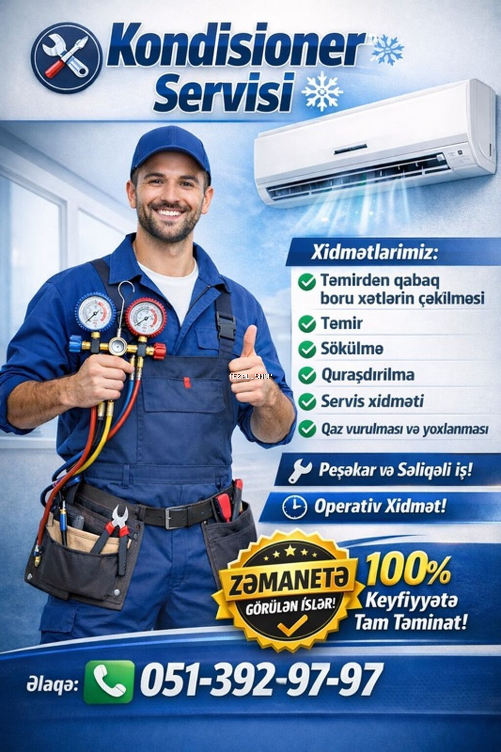 Təmir, Split kondisionerlər, Təmizləmə, Zəmanətlə