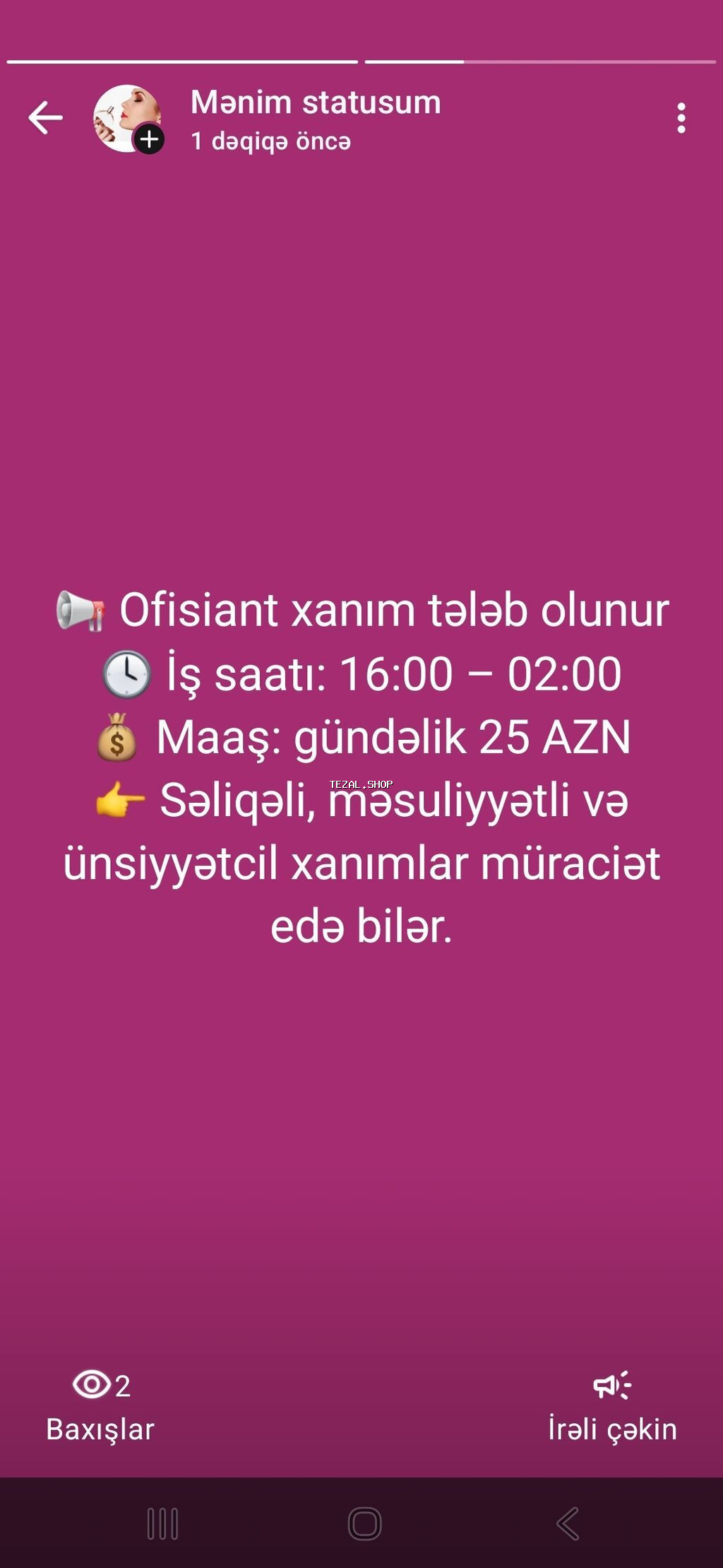 Ofisiant tələb olunur, Gündəlik ödəniş