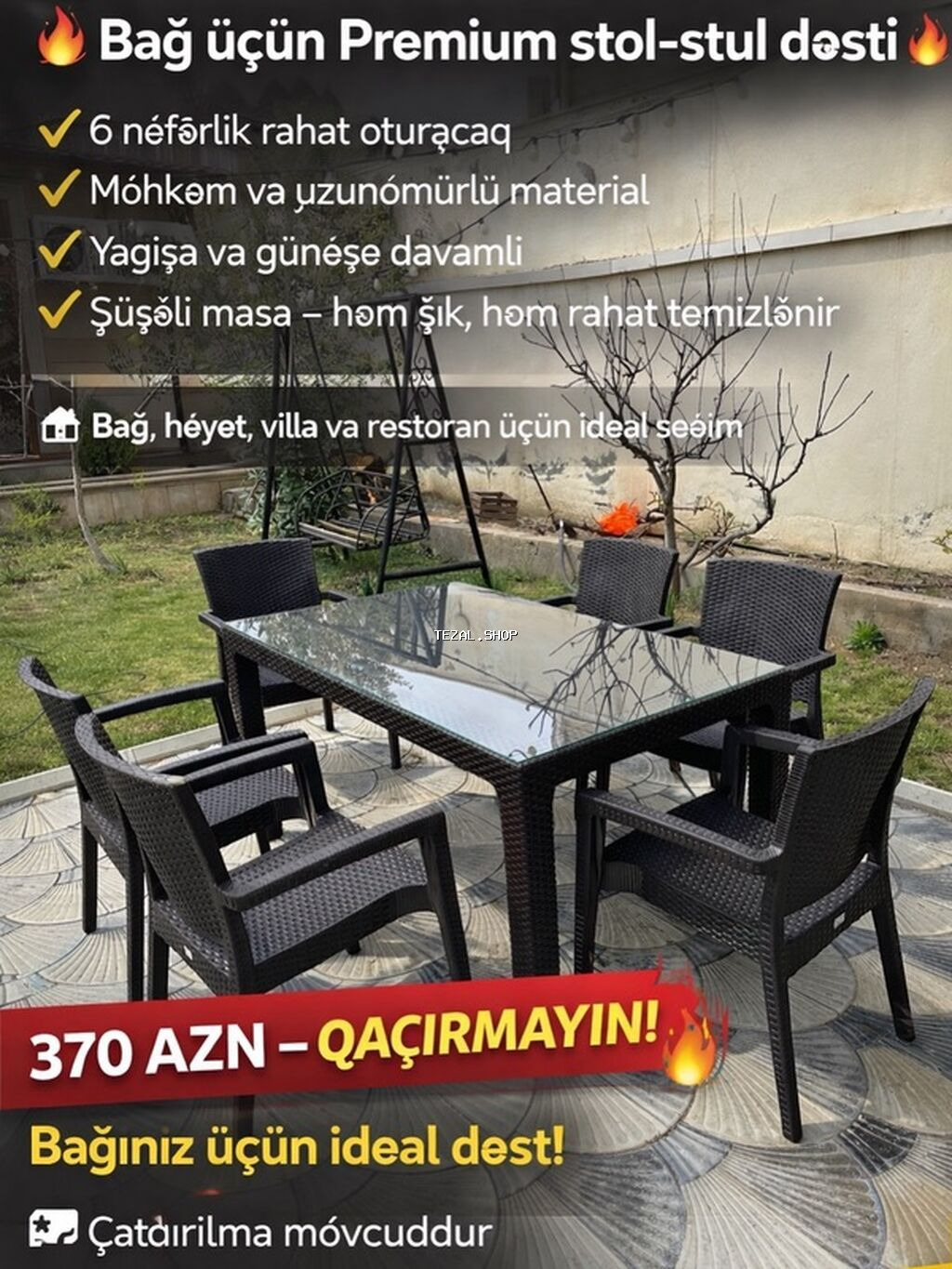 Bağ üçün Premium stol-stul dəsti - 6 nəfərlik rahat oturacaq - Möhkəm