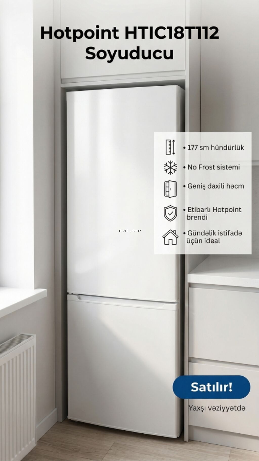 İşlənmiş 2 qapılı Hotpoint Ariston Soyuducu Satılır, rəng - Ağ