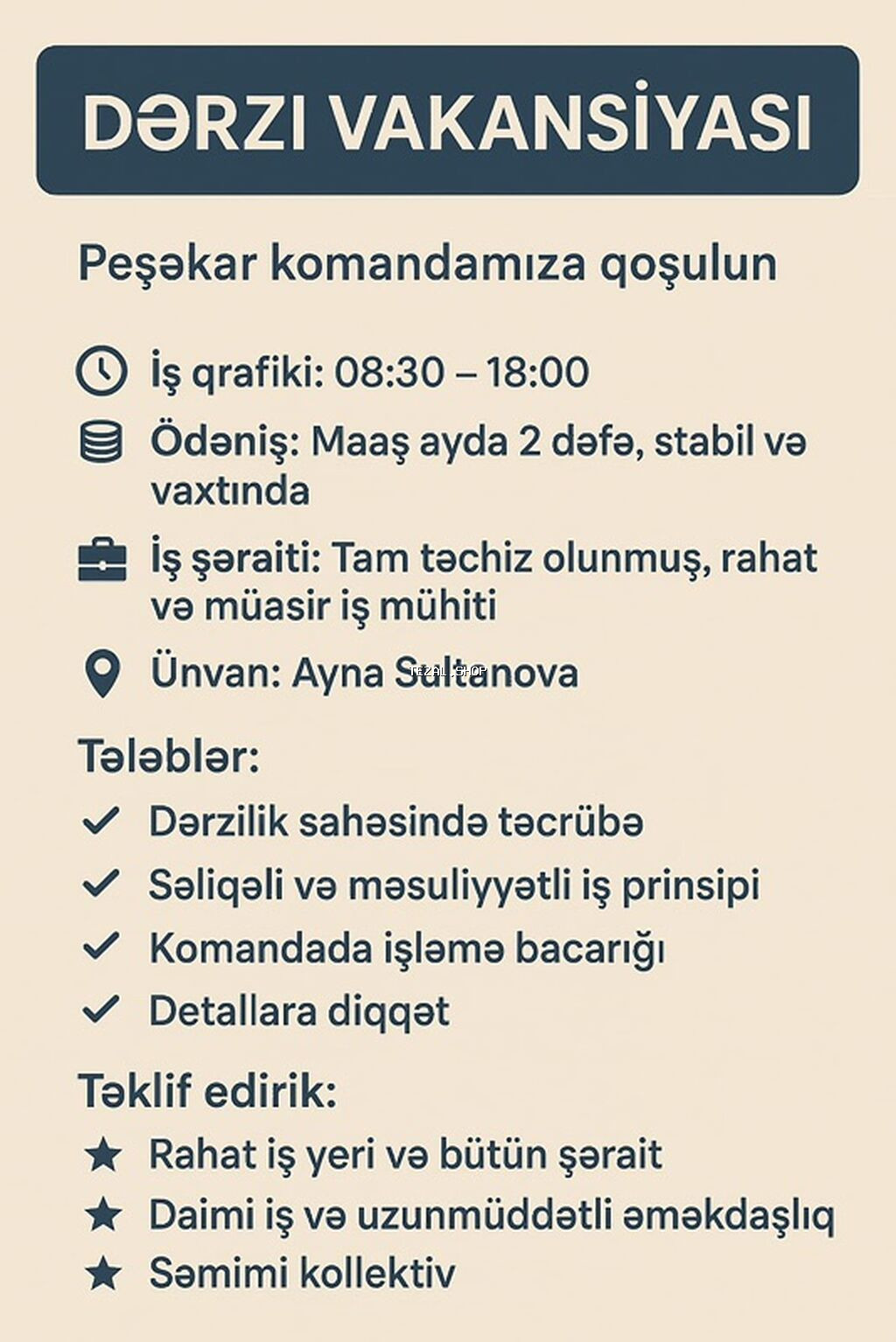 Tikişçi tələb olunur, 1-2 illik təcrübə, 1/1, Aylıq ödəniş