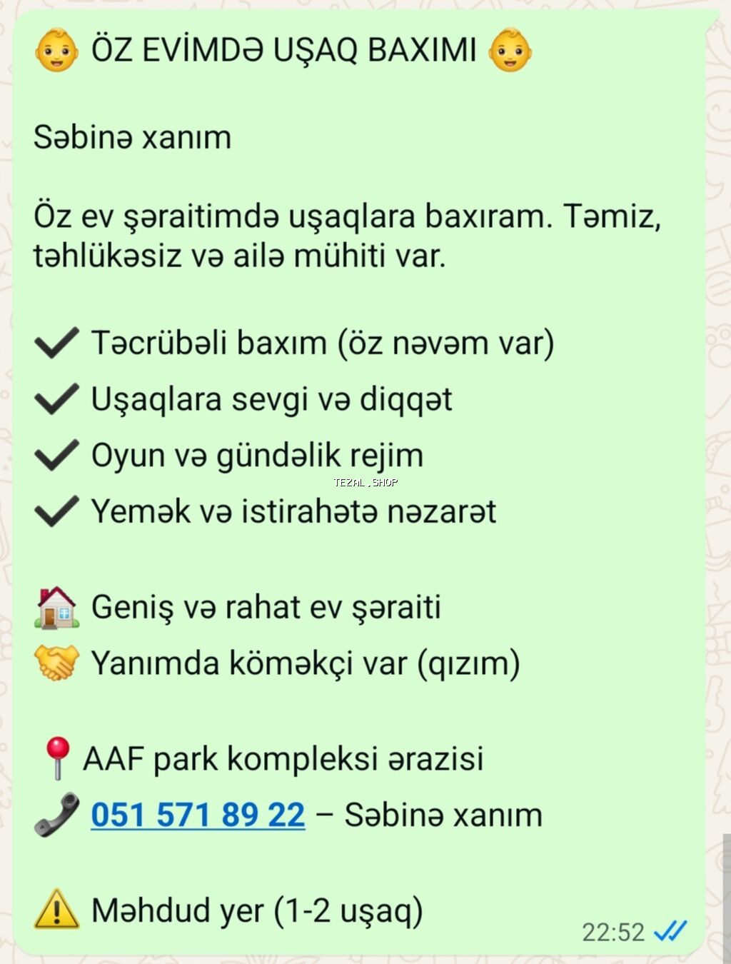 Uşaq baxımı xidməti – öz ev şəraitində - Təmiz, təhlükəsiz, ailəvi