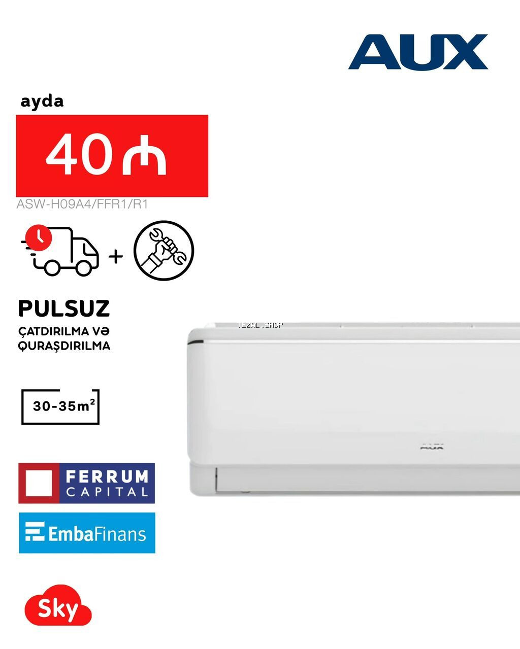 Kondisioner AUX, Yeni, 30-35 kv. m, Split sistem, Kredit var, Pulsuz quraşdırılma