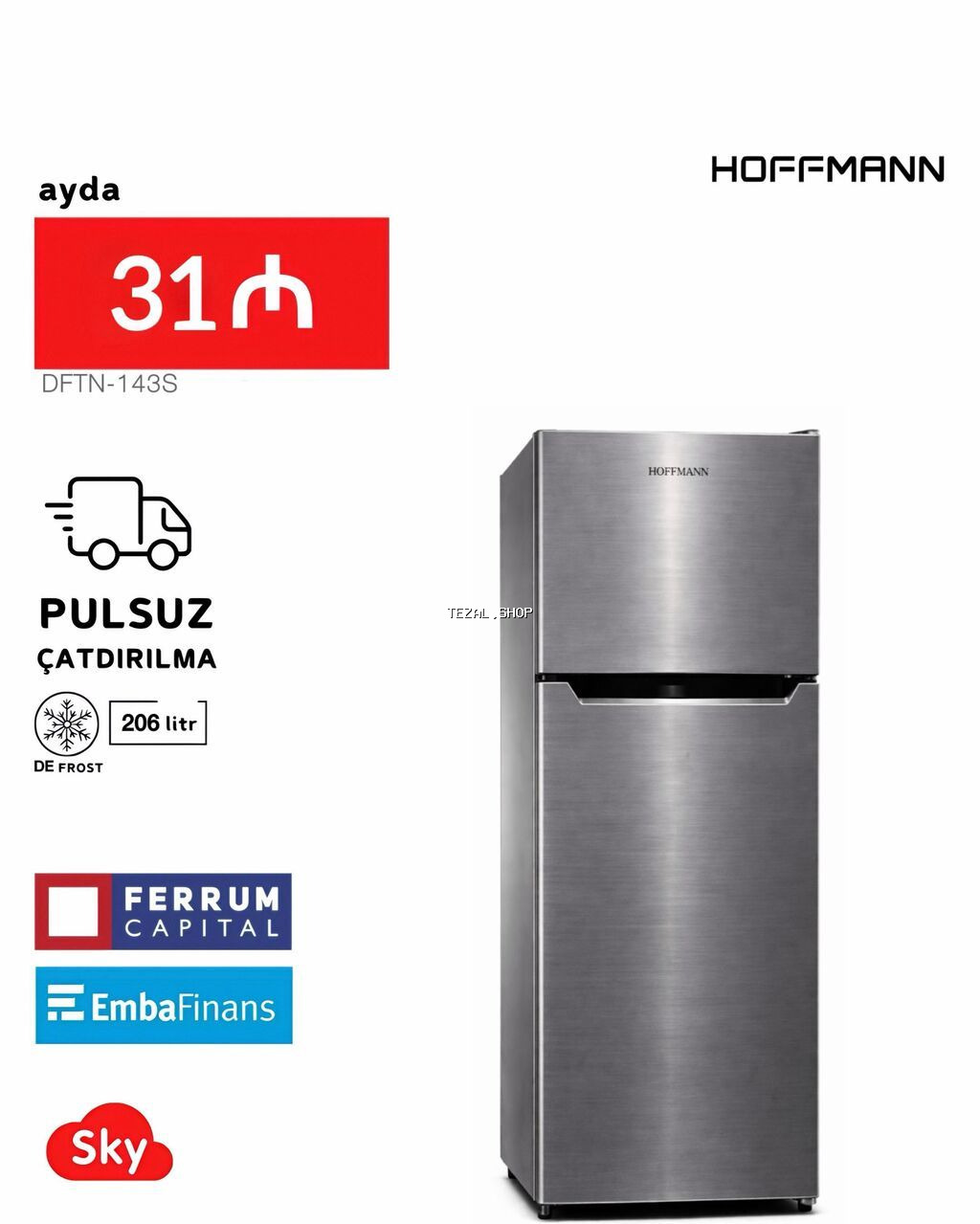 Yeni 2 qapılı Hoffman Soyuducu Satılır, rəng - Gümüşü, Kredit var