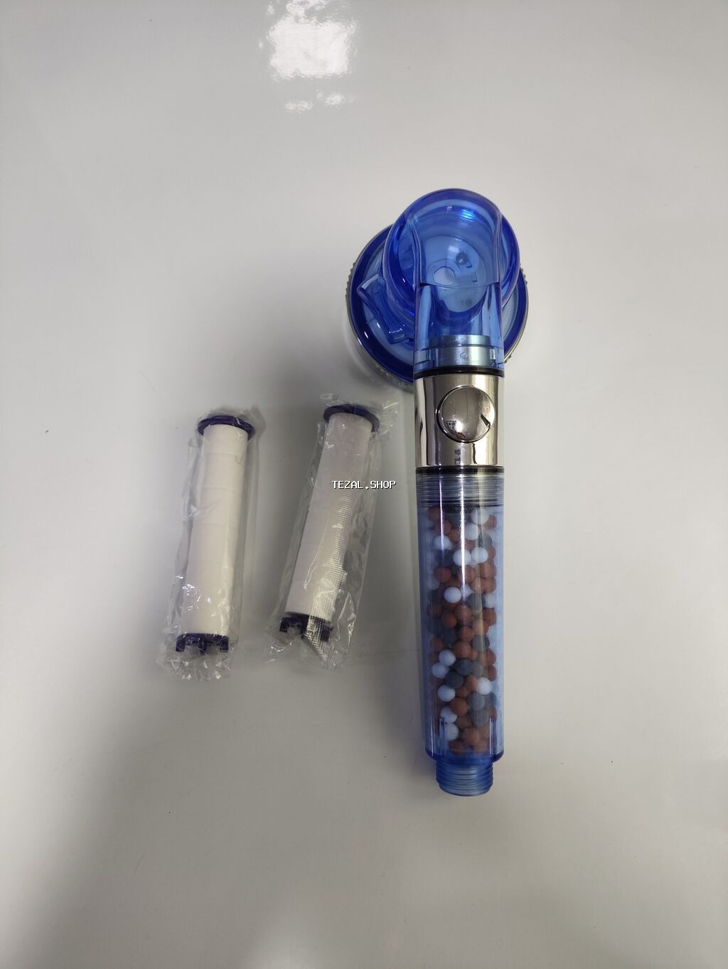 Mineral filtrləri olan duş başlığı - Material: şəffaf mavi korpus