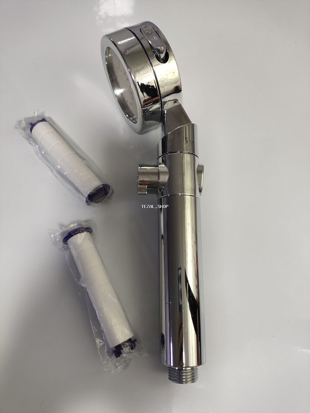 Filtrli duş başlığı – təzyiq gücləndirici və STOP düyməli