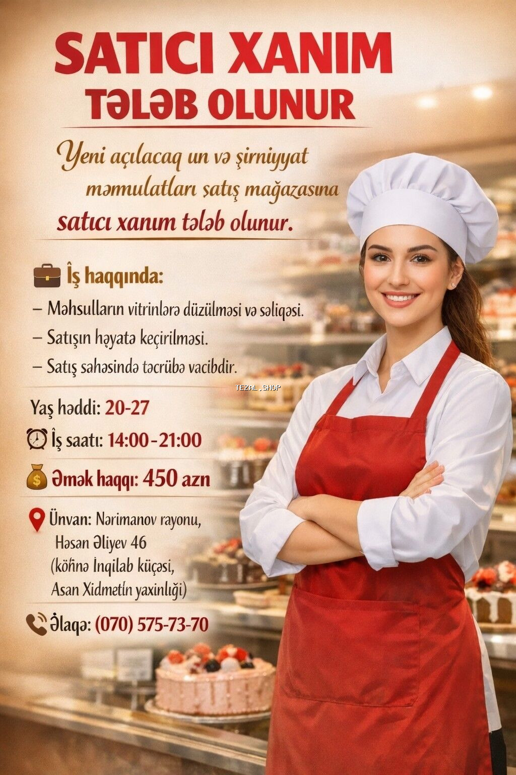 Satış məsləhətçisi tələb olunur, Yalnız qadınlar üçün, 1-2 illik təcrübə, Aylıq ödəniş