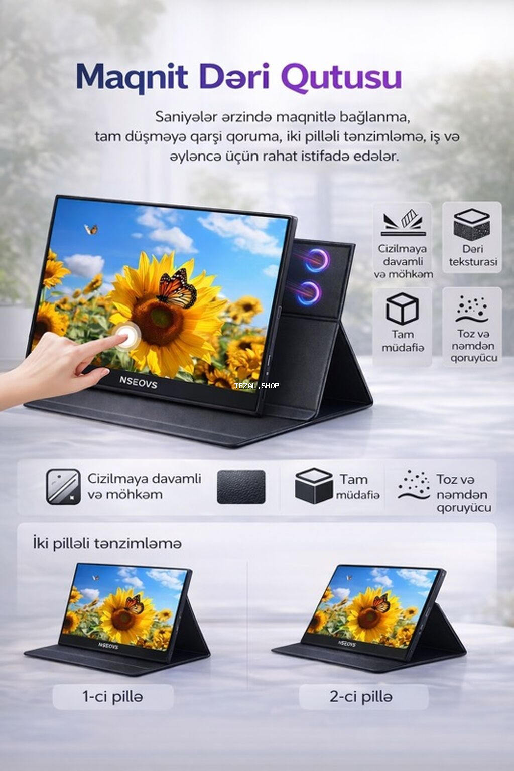 NEOEVS 15.6" sensorlu portativ monitor + maqnitli dəri qutu - Ekran