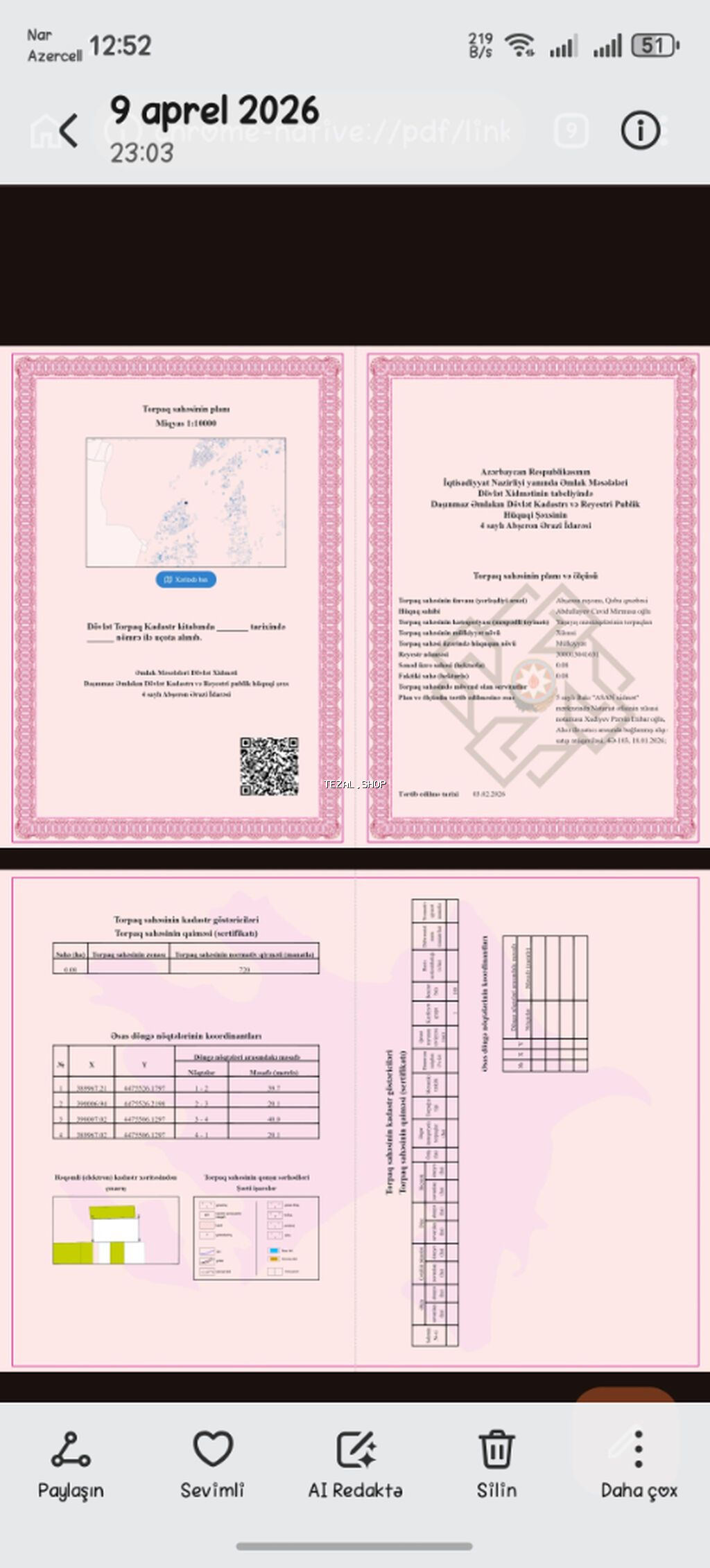 3 sot, Tikinti, Mülkiyyətçi, Kupça (Çıxarış), Texniki pasport