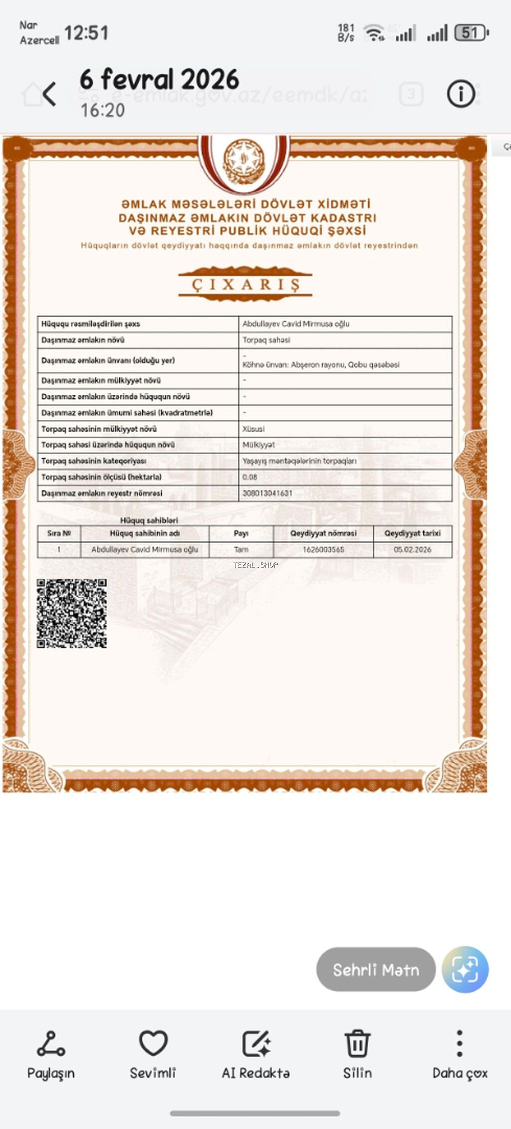 3 sot, Tikinti, Mülkiyyətçi, Kupça (Çıxarış), Texniki pasport - şəkil 2