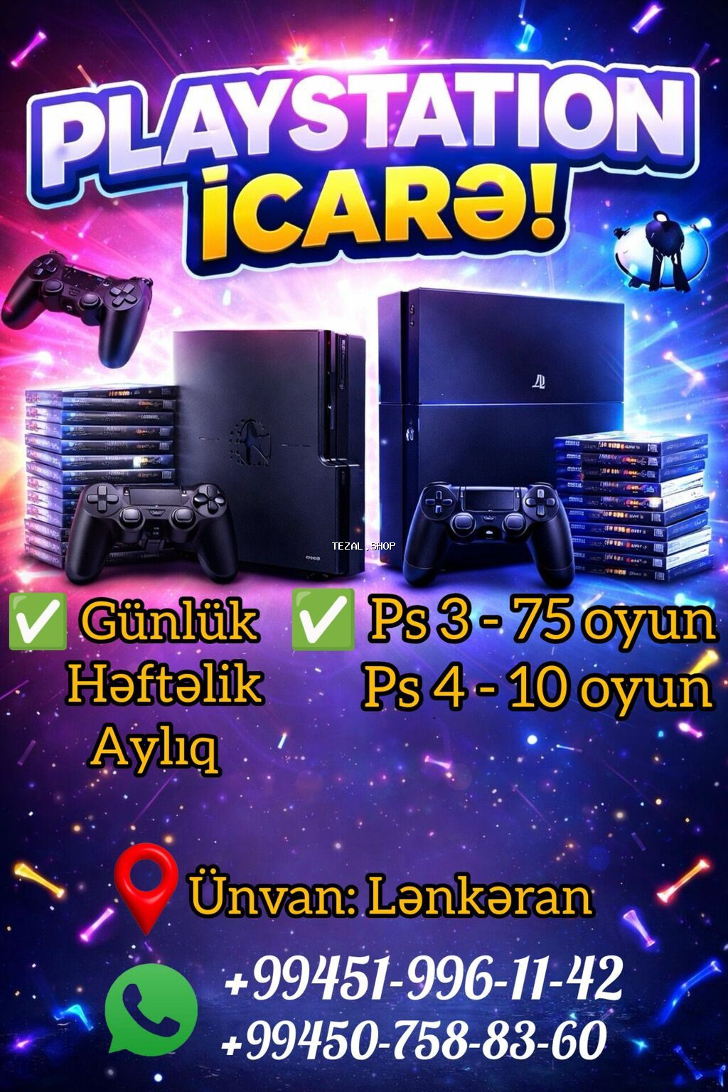 Playstation 3 ve playstation 4 icarə (arenda ) günlük, həftəlik və