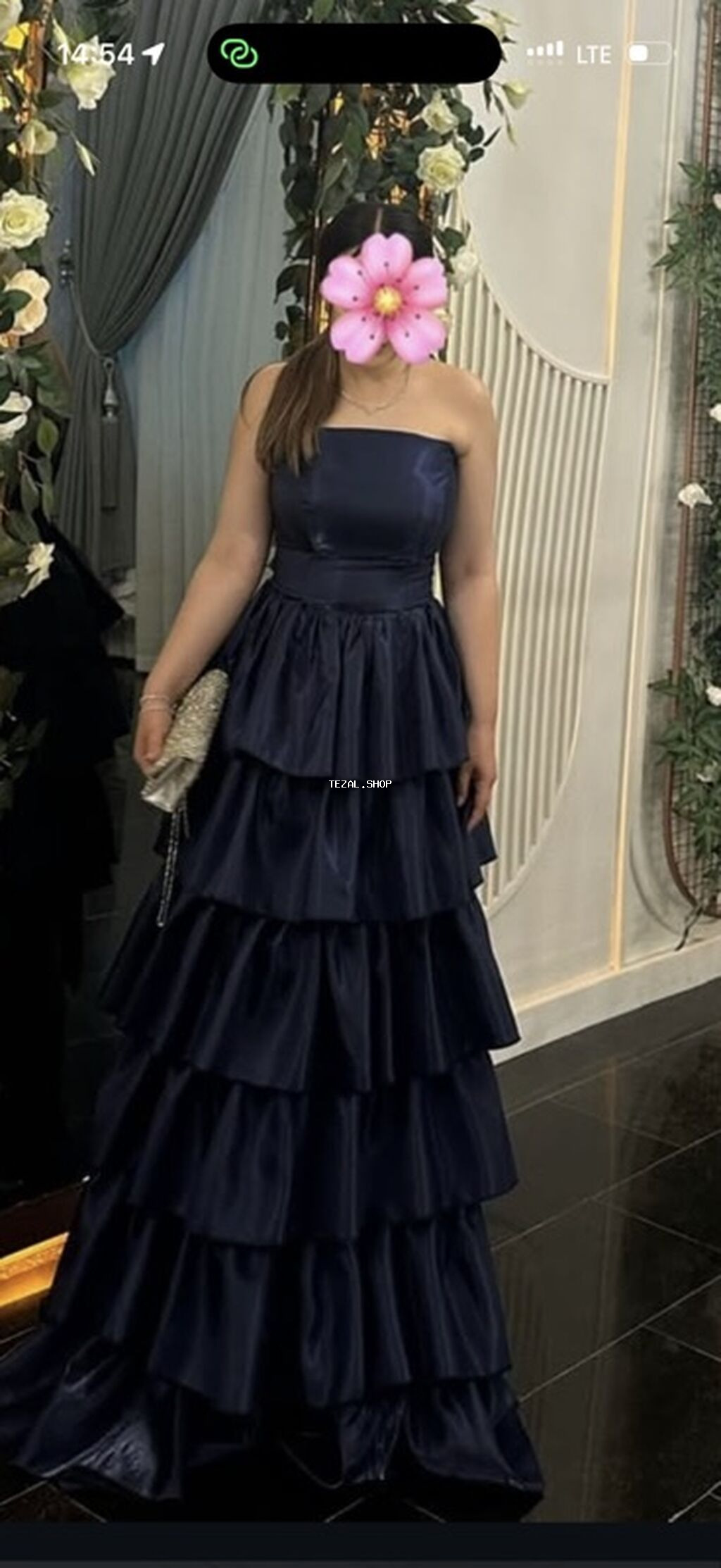 Tünd göy rəngdə, mərasimlər üçün zərif uzun paltar. - Model