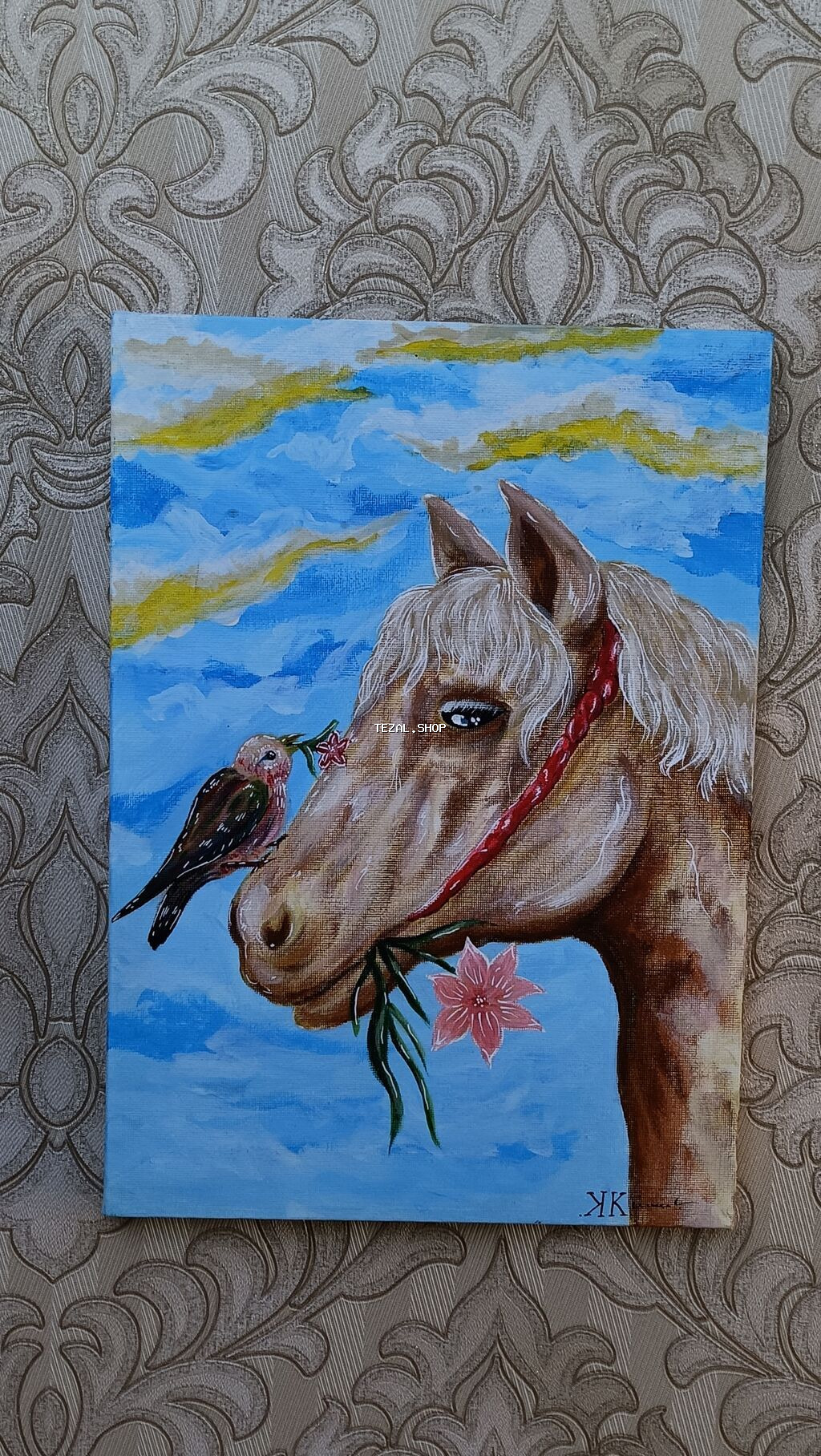 Akril tablo – “At və quş” - Texnika: akril boya - Osnova: kətan