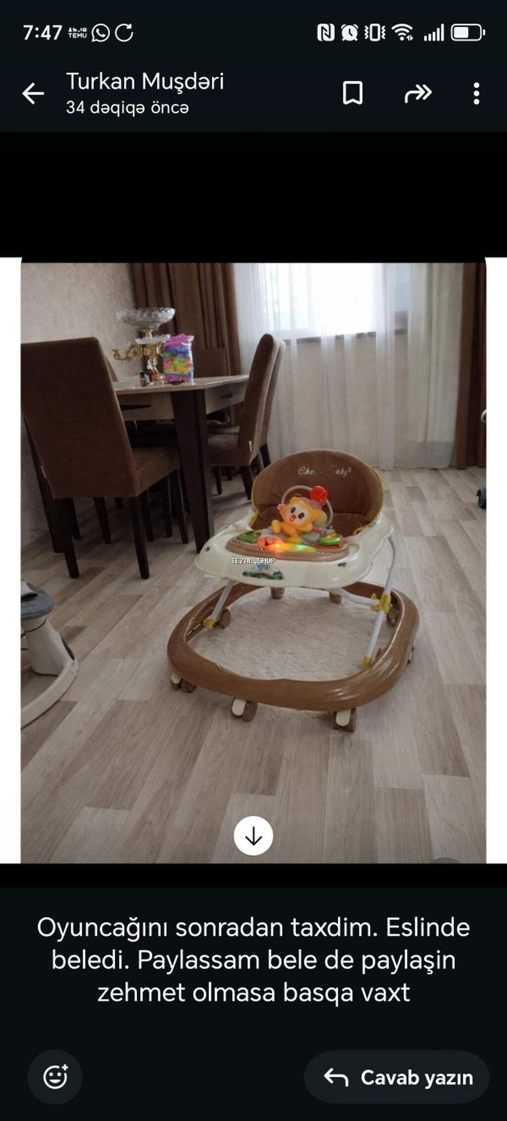 Uşaq gəzdiricisi (walker) - Rəng: qəhvəyi-bej tonlarda - Oturacaq