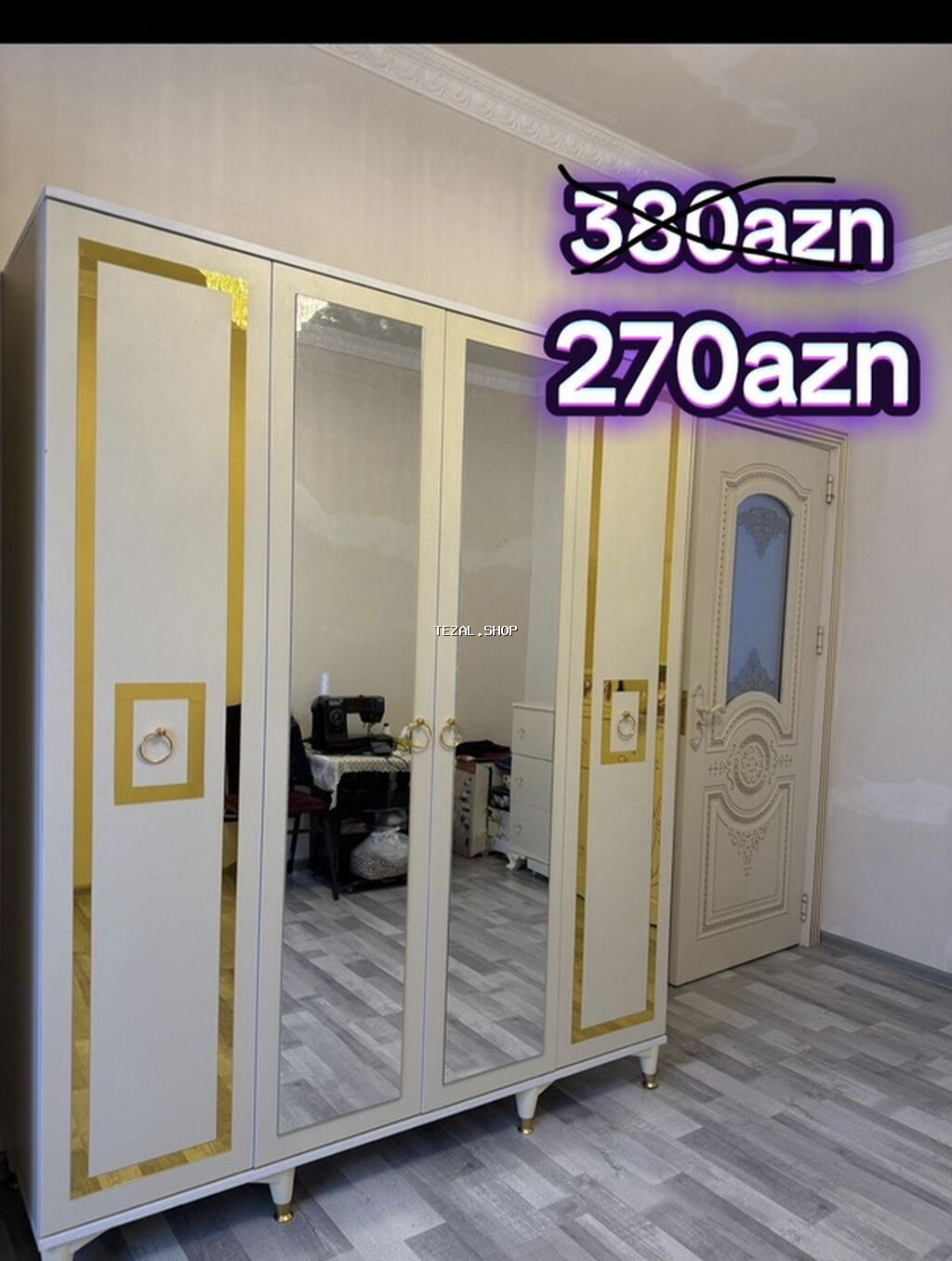 Yeni, 4 qapılı, Güzgülü, Ağ, Digər material, Açılan, Düz dolab