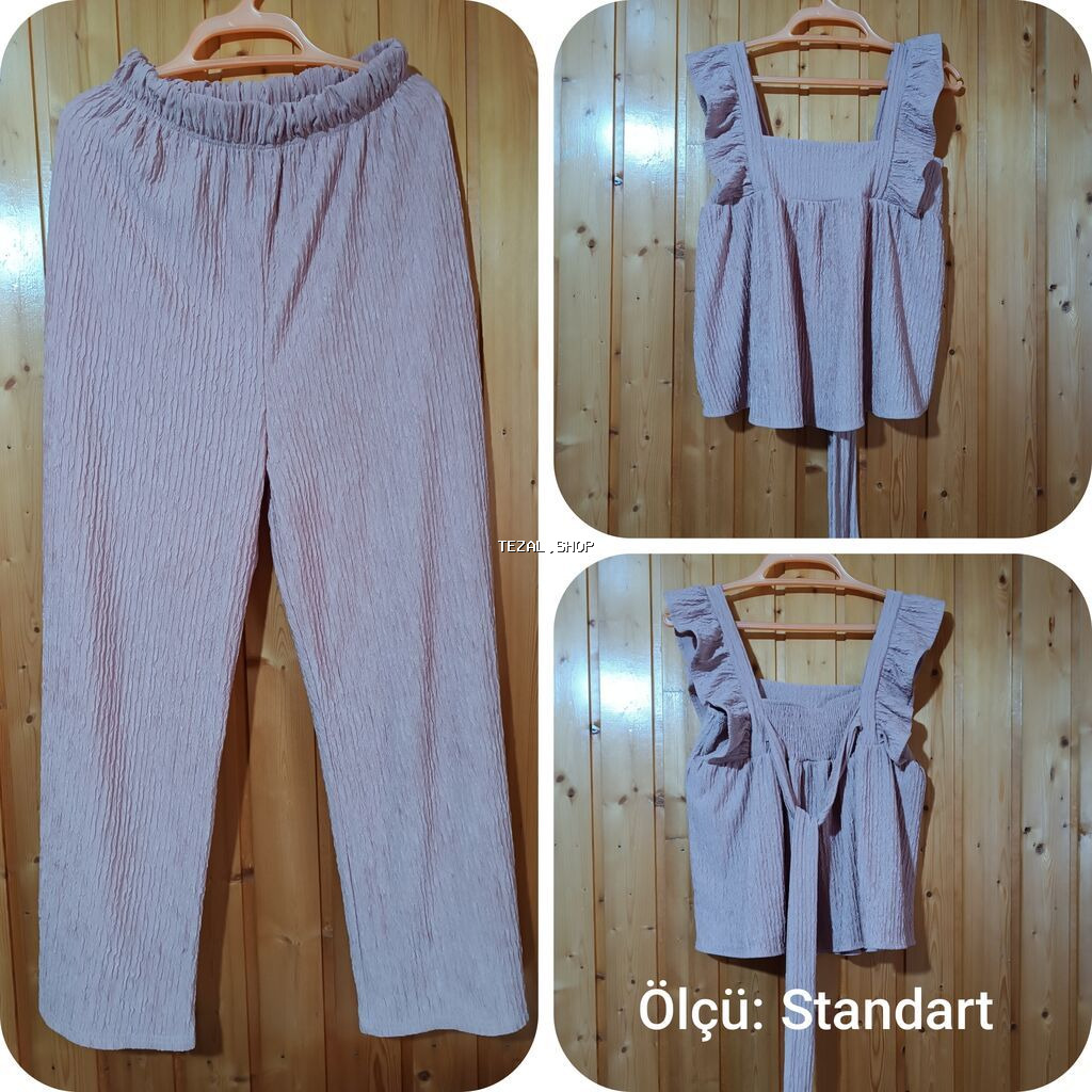 İki hissəli qadın dəsti - Rəng: açıq pudra/boz tonlarında - Parça