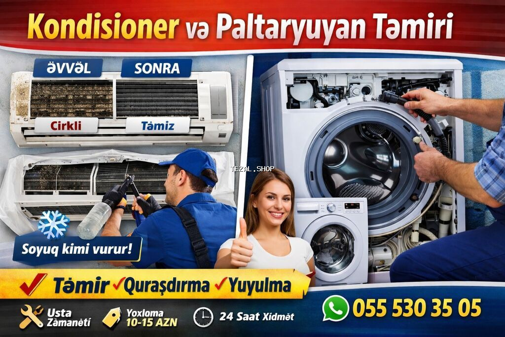 Kondisioner və paltaryuyan təmiri, quraşdırılması və yuyulması xidməti