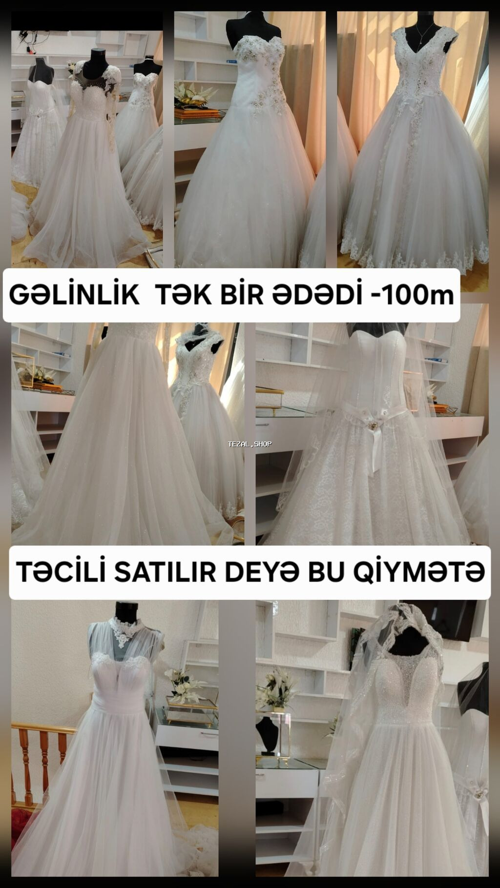 Müxtəlif üslublarda ağ gəlinliklər. Hər biri krujeva detalları, tül