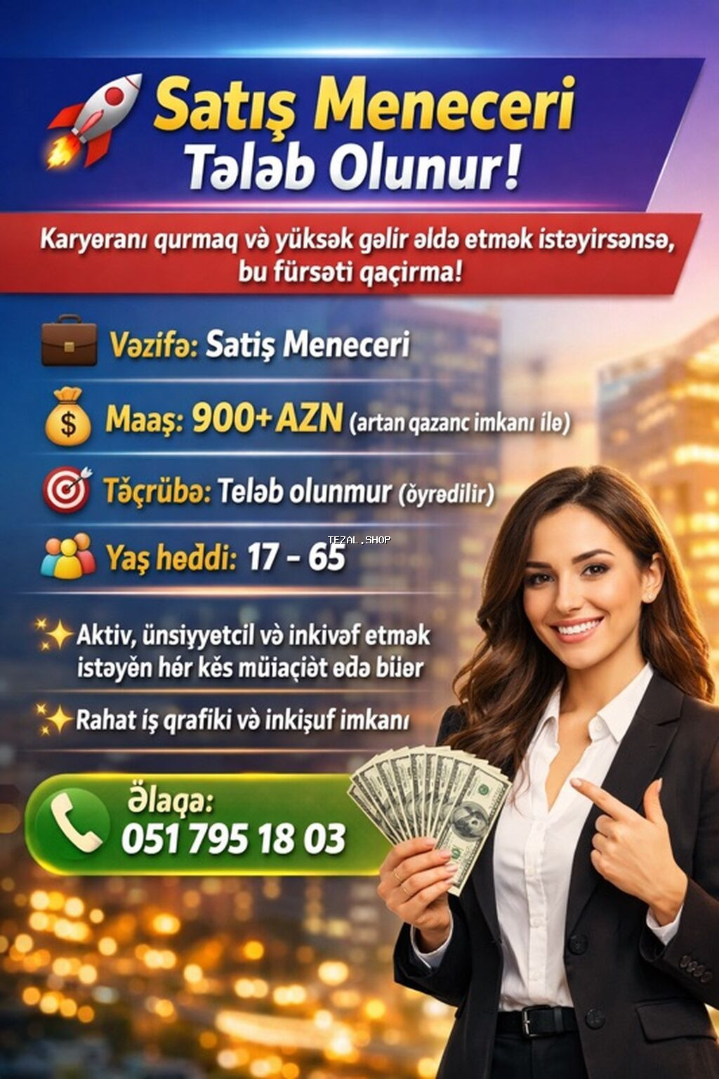 Satış meneceri tələb olunur, İstənilən yaş, Təcrübəsiz, Aylıq ödəniş