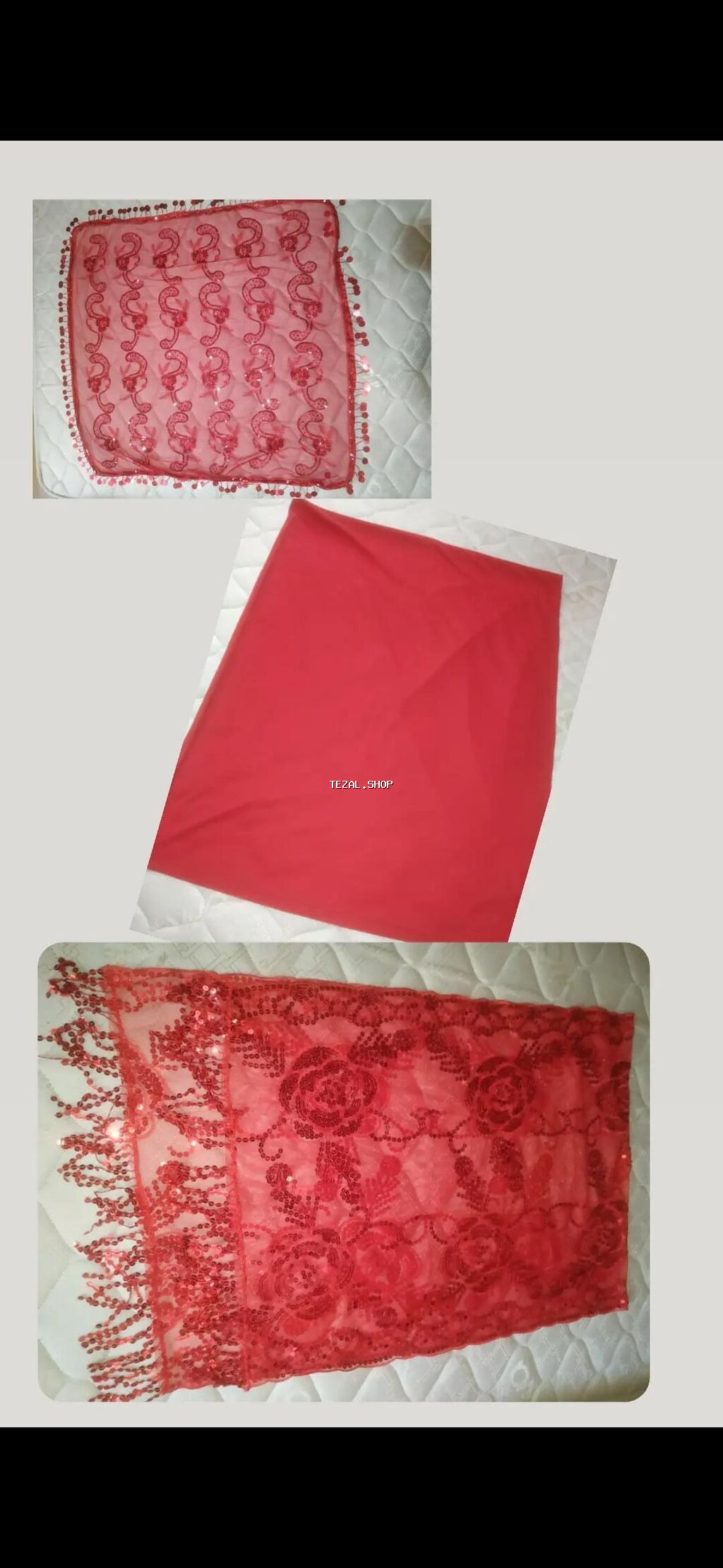 Qırmızı şal dəsti 2 si heri nişan ucun örtukdu biri uzun qirmizi parça