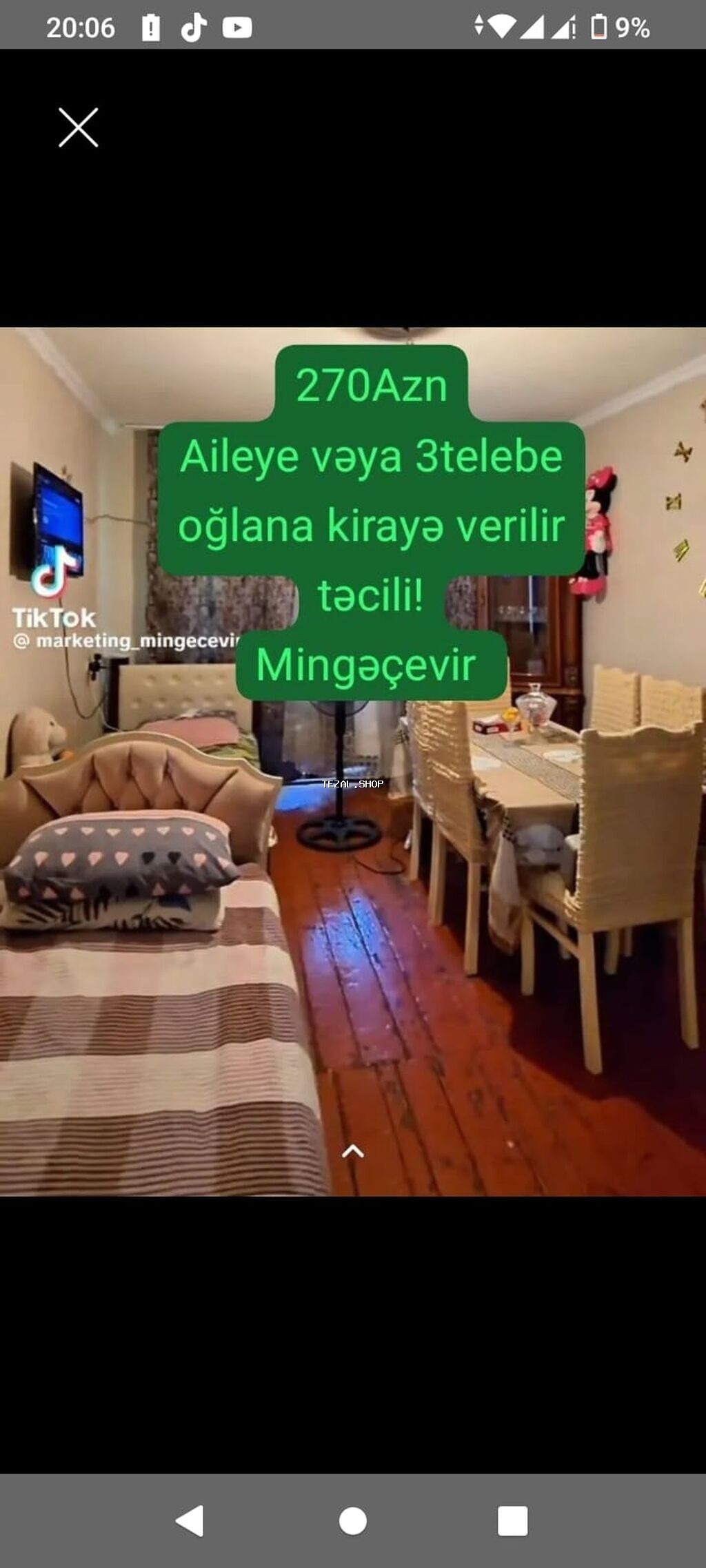 Mingəçevir – kirayə otaq/ev Ailəyə və ya 3 tələbə oğlana kirayə