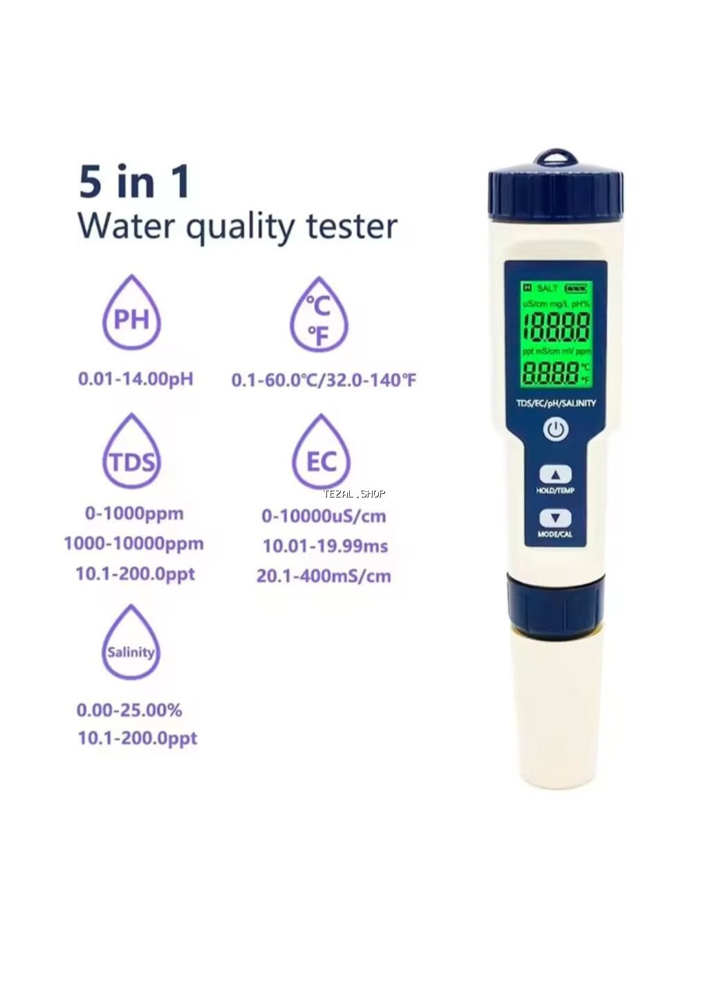 Şəkildə TDS sayğacı kimi adlandırılan 5-in-1-də su keyfiyyəti test - şəkil 2