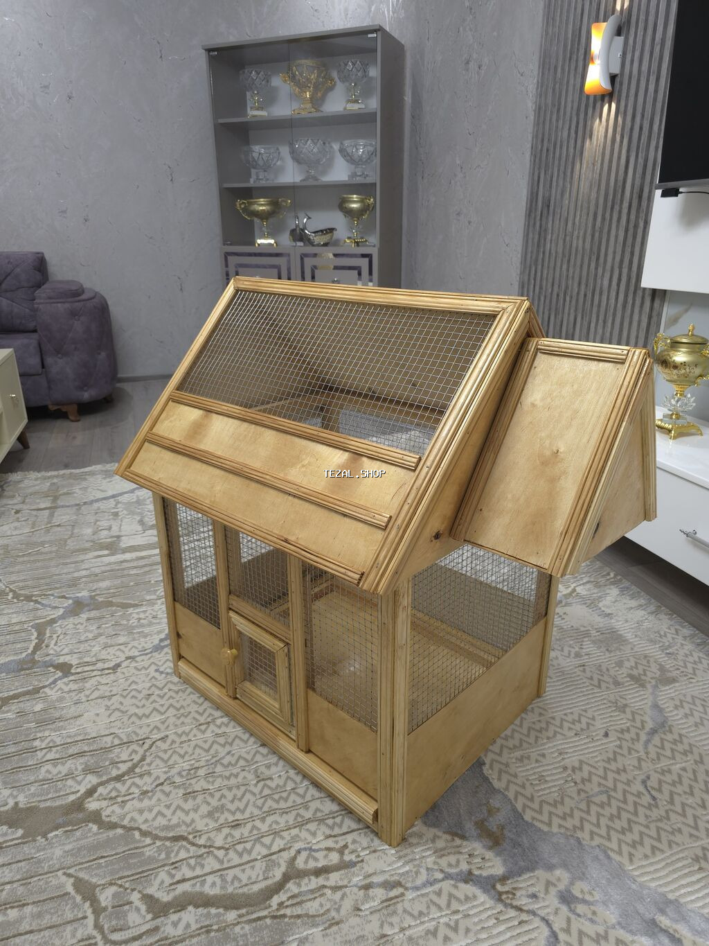 Taxta qəfəs/volyer – dekorativ ev şəklində - Material: təbii taxta - şəkil 2