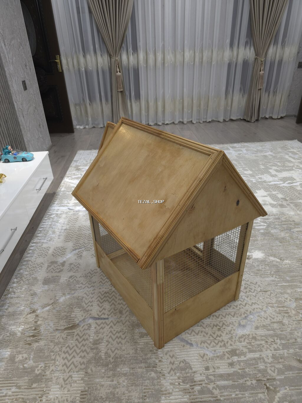 Taxta qəfəs/volyer – dekorativ ev şəklində - Material: təbii taxta - şəkil 3