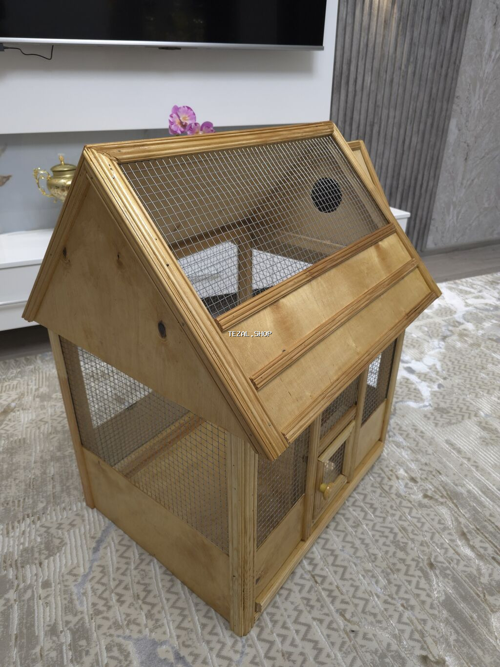 Taxta qəfəs/volyer – dekorativ ev şəklində - Material: təbii taxta - şəkil 4