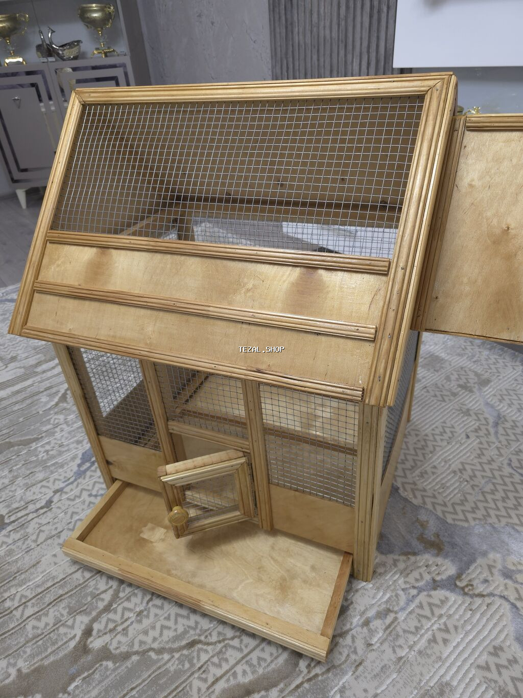 Taxta qəfəs/volyer – dekorativ ev şəklində - Material: təbii taxta - şəkil 5