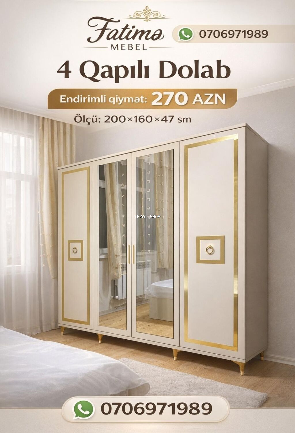 Yeni, 4 qapılı, Güzgülü, Digər material, Açılan, Düz dolab