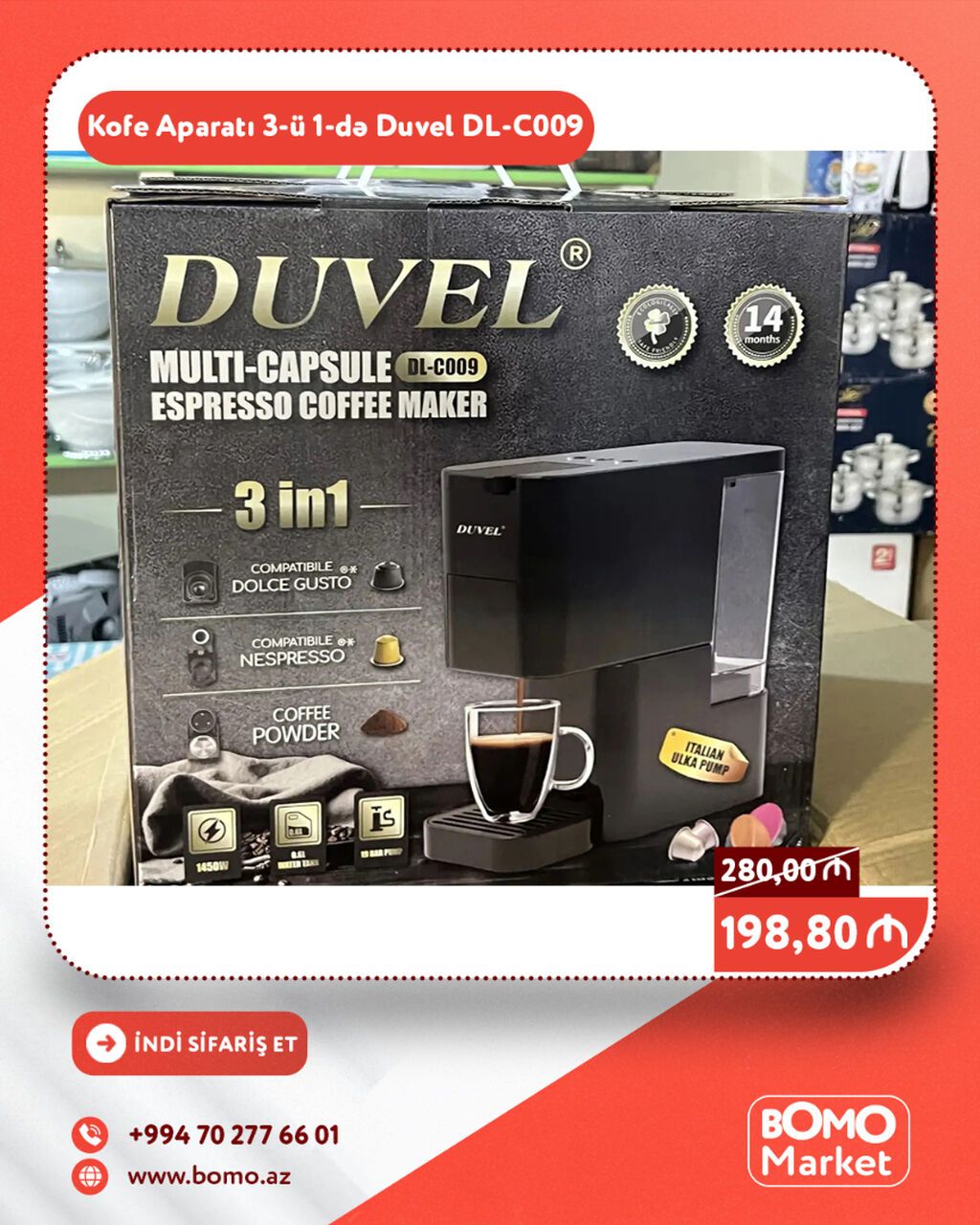 🔥 Kofe Aparatı Qəhvə Maşını 3-ü 1-də Duvel DL-C009 ✅ Marka: Duvel ✅