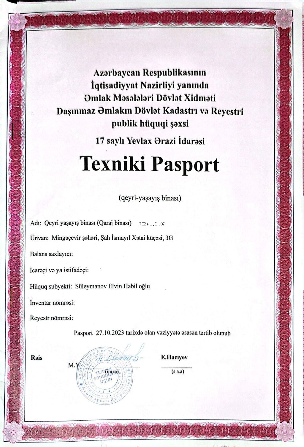 QARAJ SATILIR: - 14 nömrəli məktəbin qarşısında - Texniki Passportu