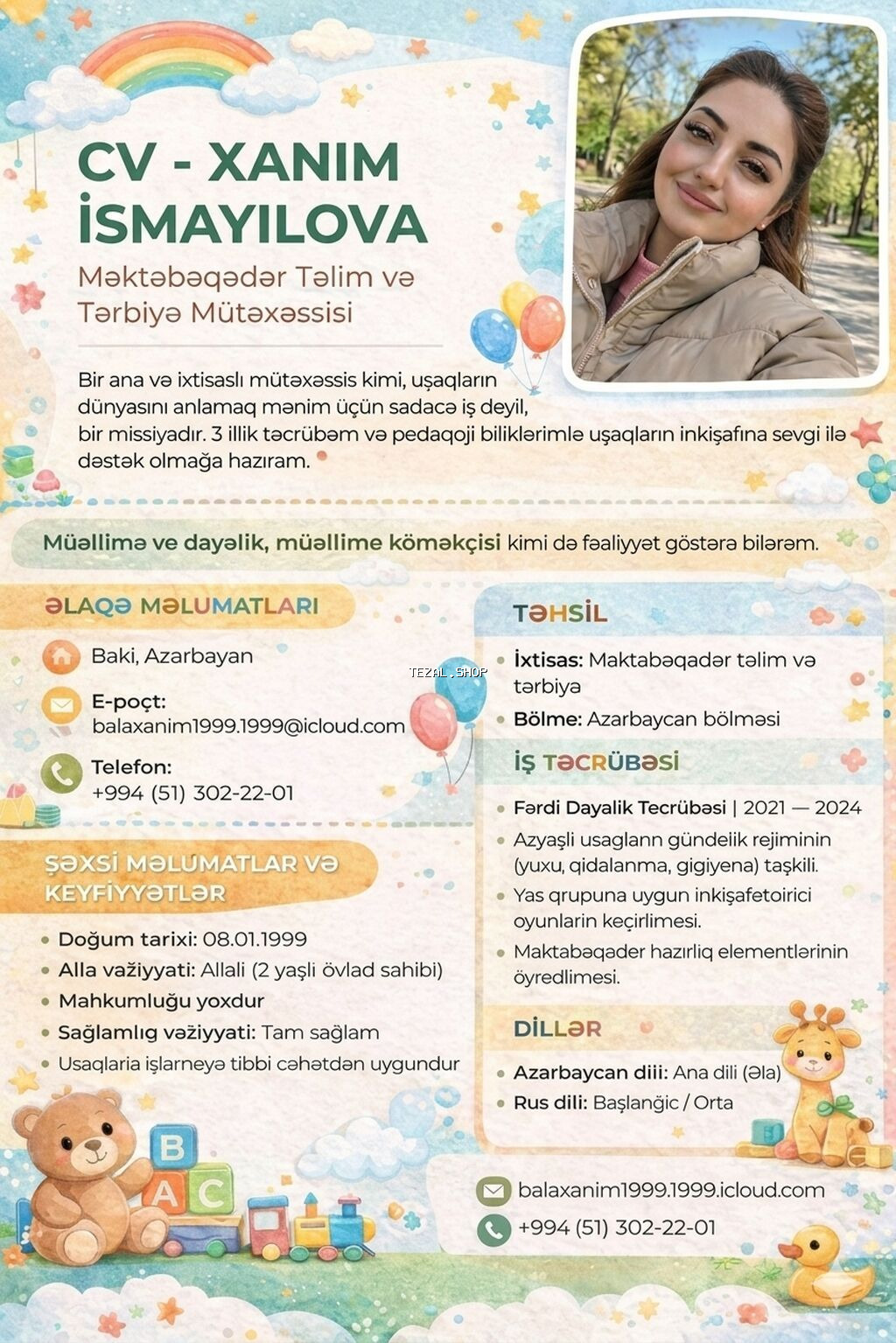 Məktəbəqədər təhsil müəllimi, 3-5 illik təcrübə, Tam iş günü