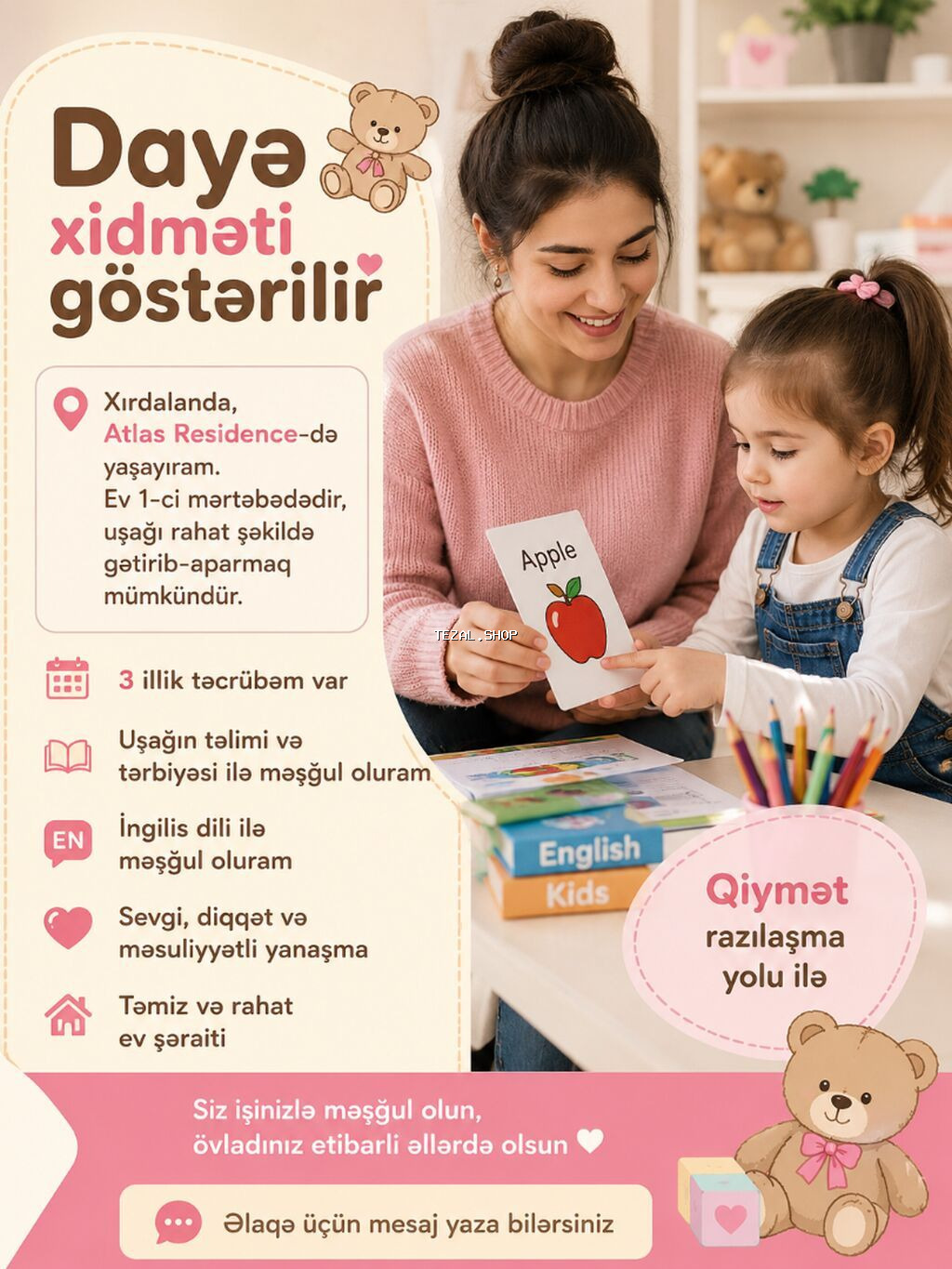 Xırdalanda, Atlas Residence-də yaşayıram. Ev 1-ci mərtəbədə yerləşir