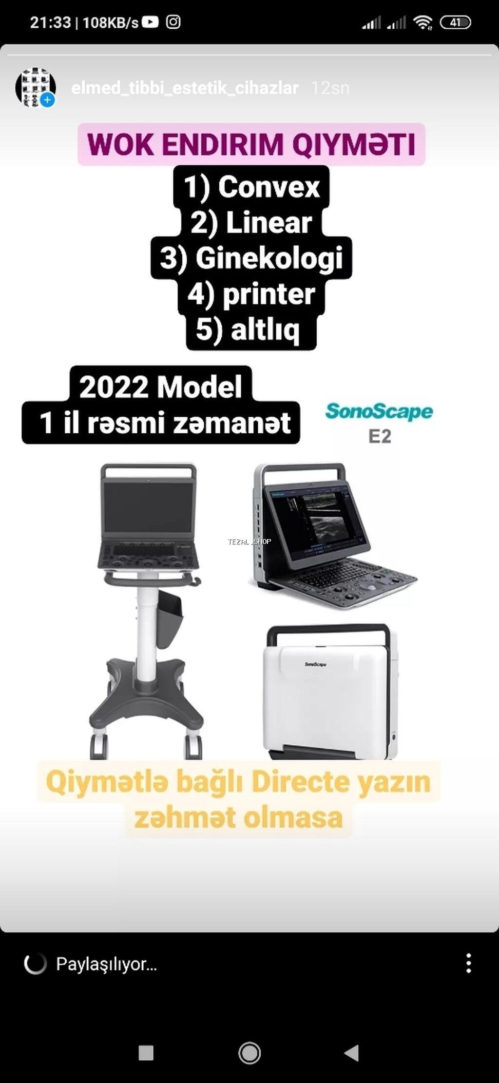 Sonoscape e2 USM ( Uzi) cihazı münasib qiymətə satılır